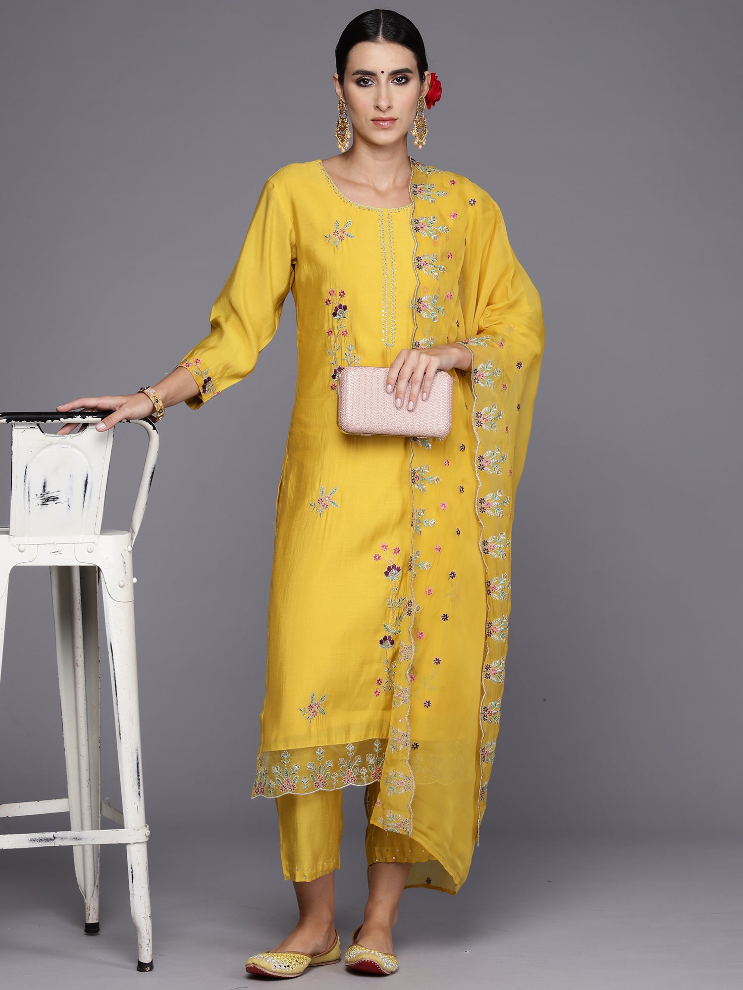 Yellow Embroidered Straight Kurta Trousers With Dupatta Set