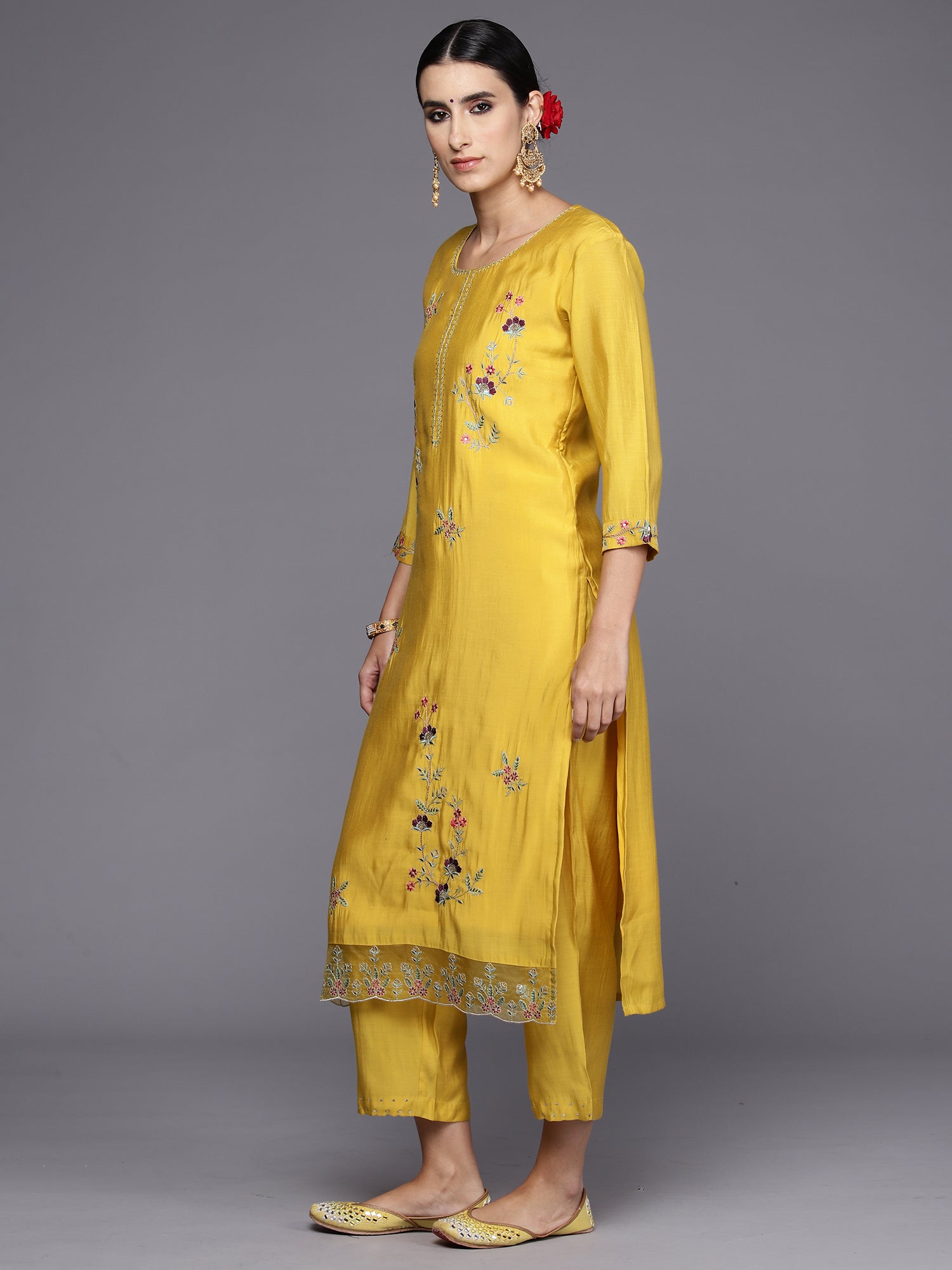 Yellow Embroidered Straight Kurta Trousers With Dupatta Set