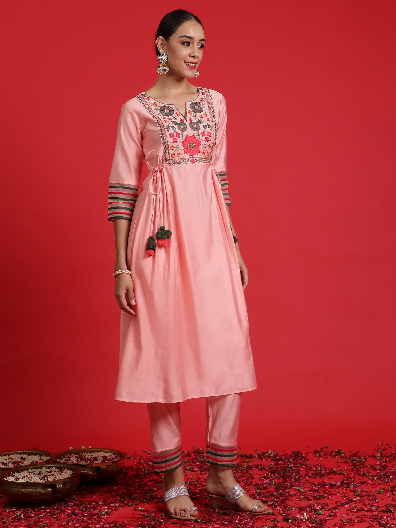 Pink Embroidered A-Line Kurta Trousers Set