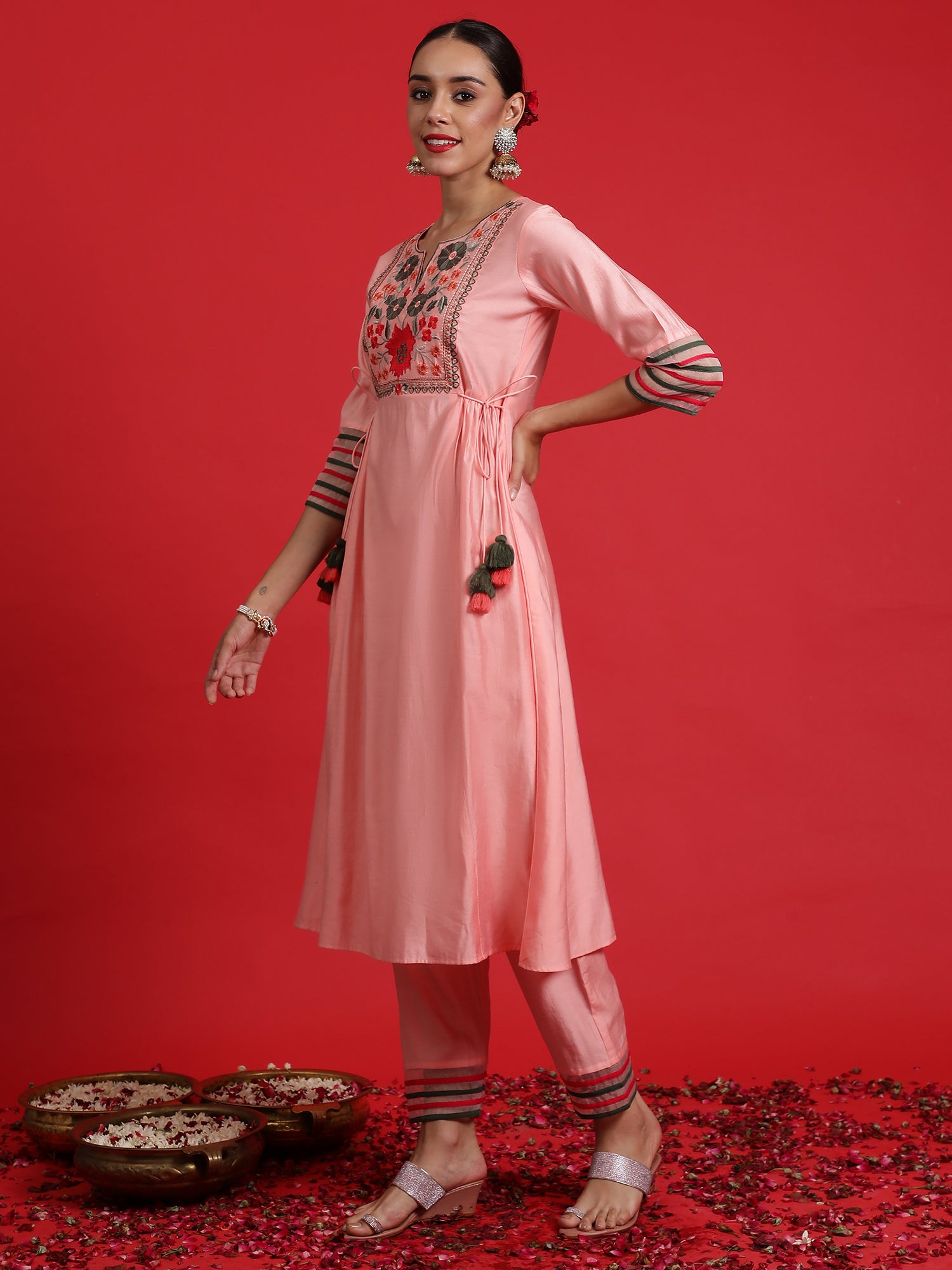 Pink Embroidered A-Line Kurta Trousers Set