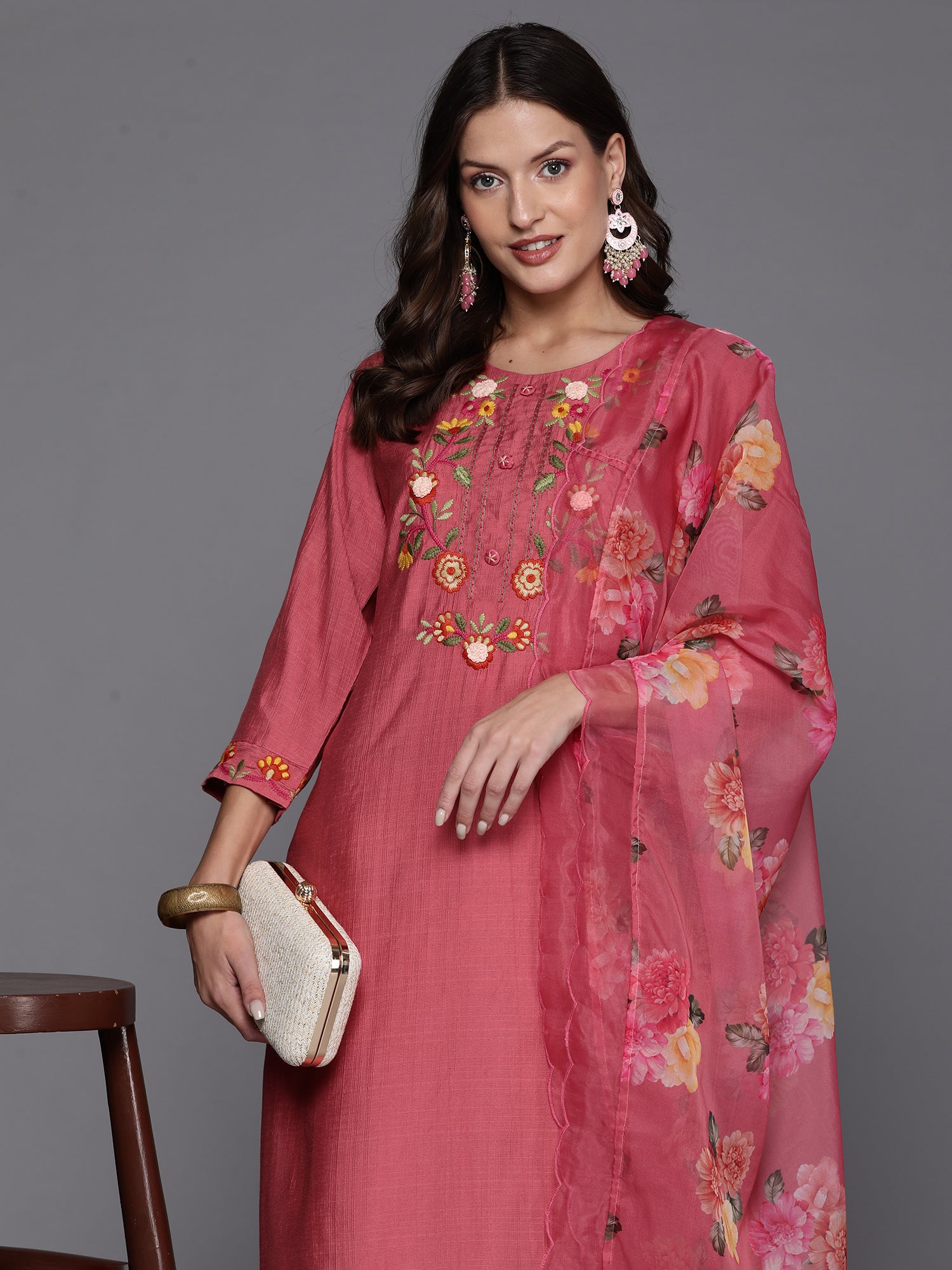 Pink Embroidered Straight Kurta Trousers With Dupatta Set