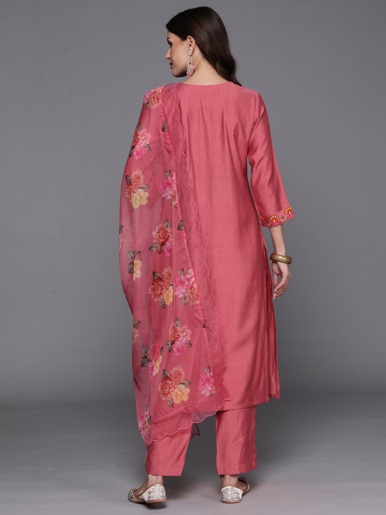 Pink Embroidered Straight Kurta Trousers With Dupatta Set