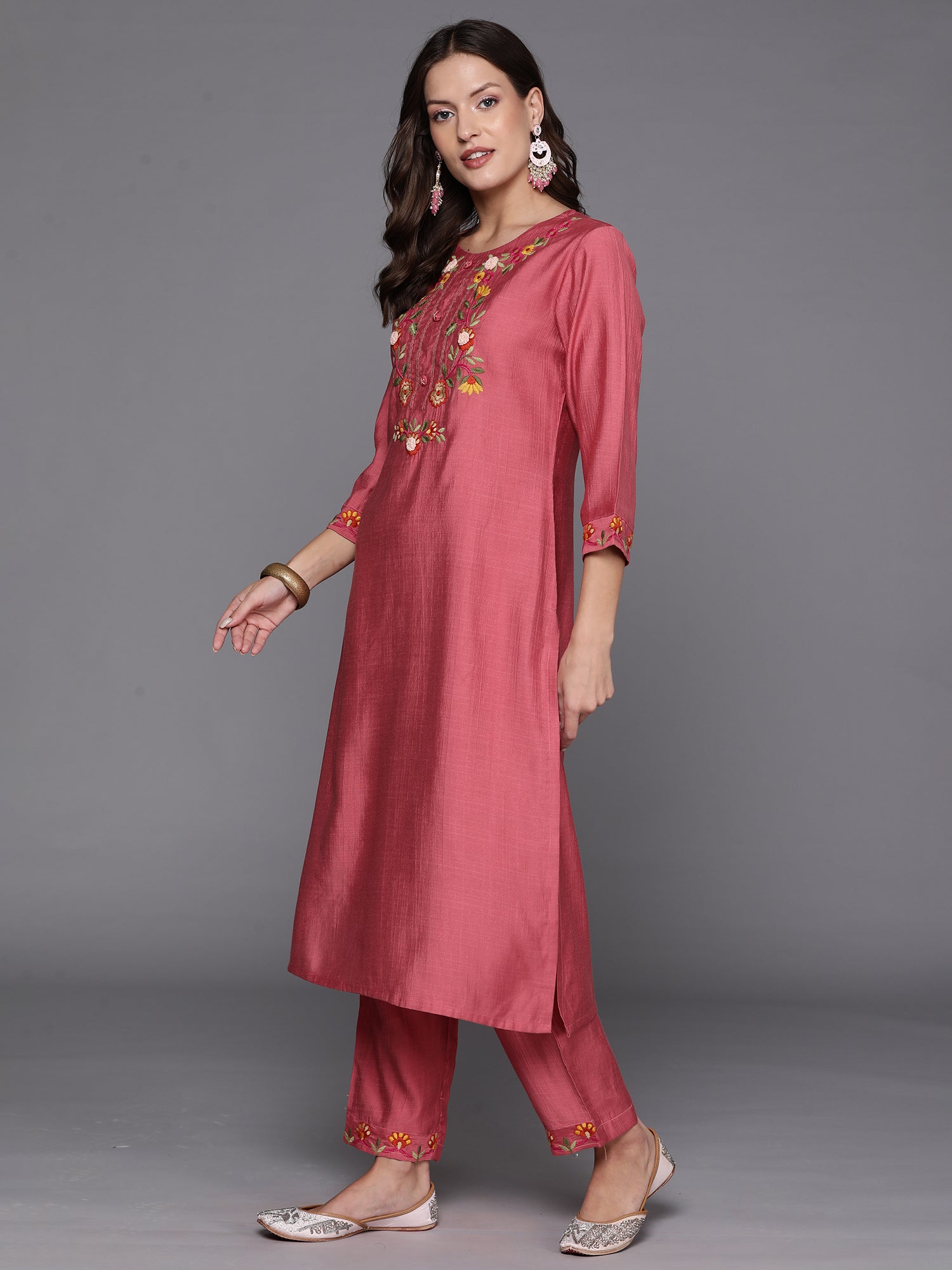 Pink Embroidered Straight Kurta Trousers With Dupatta Set