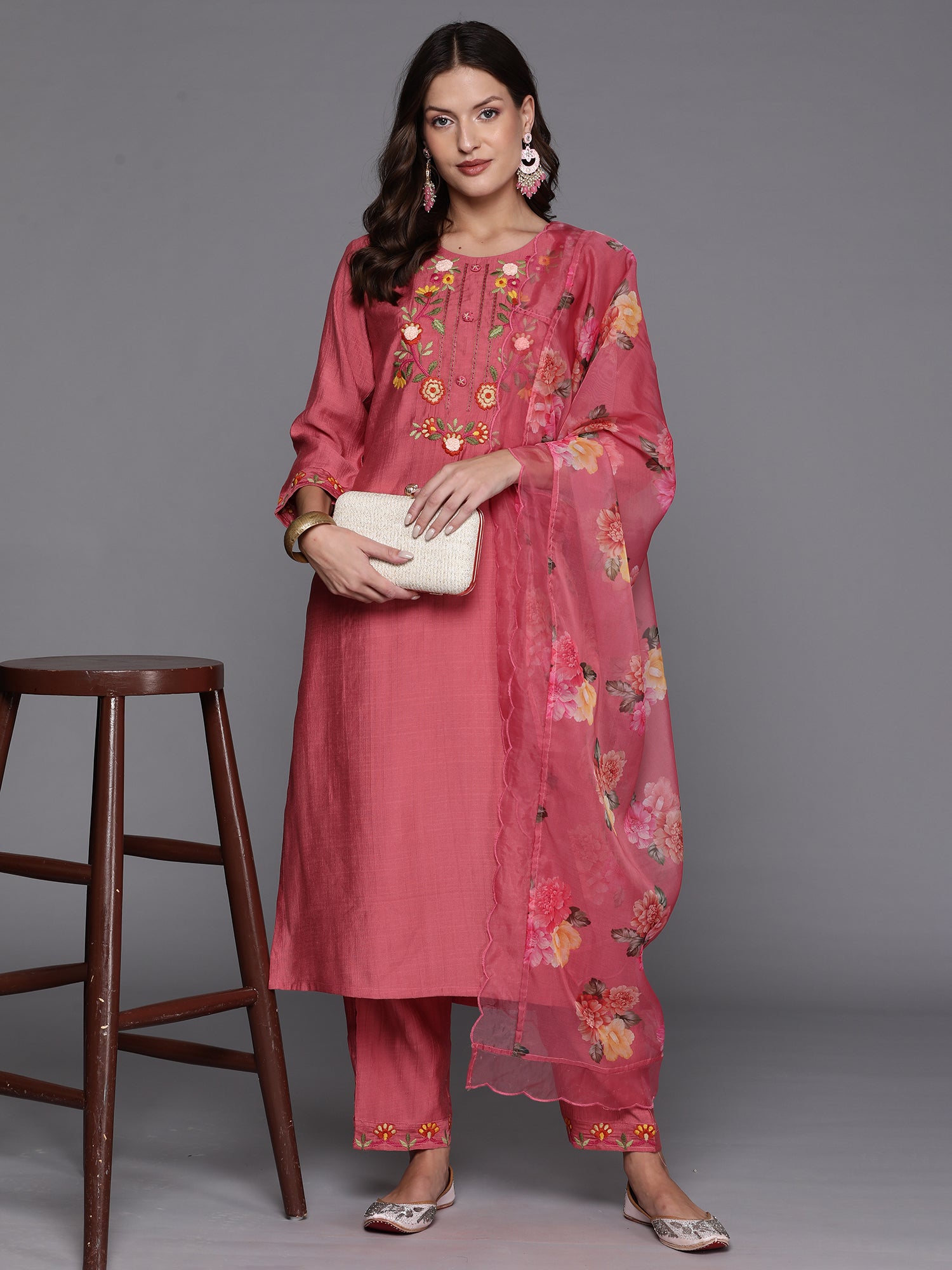 Pink Embroidered Straight Kurta Trousers With Dupatta Set