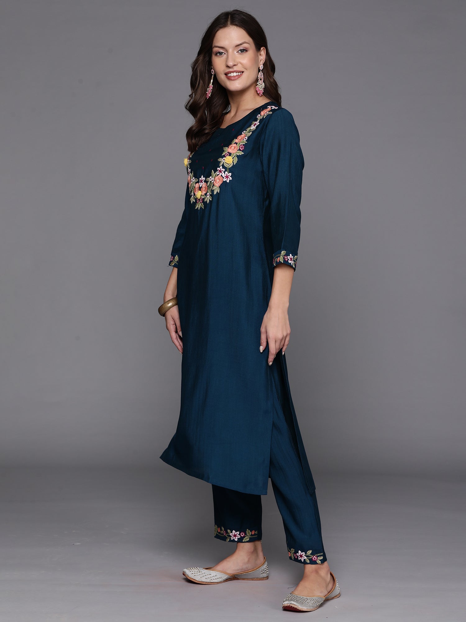 Teal Embroidered Straight Kurta Trousers With Dupatta Set