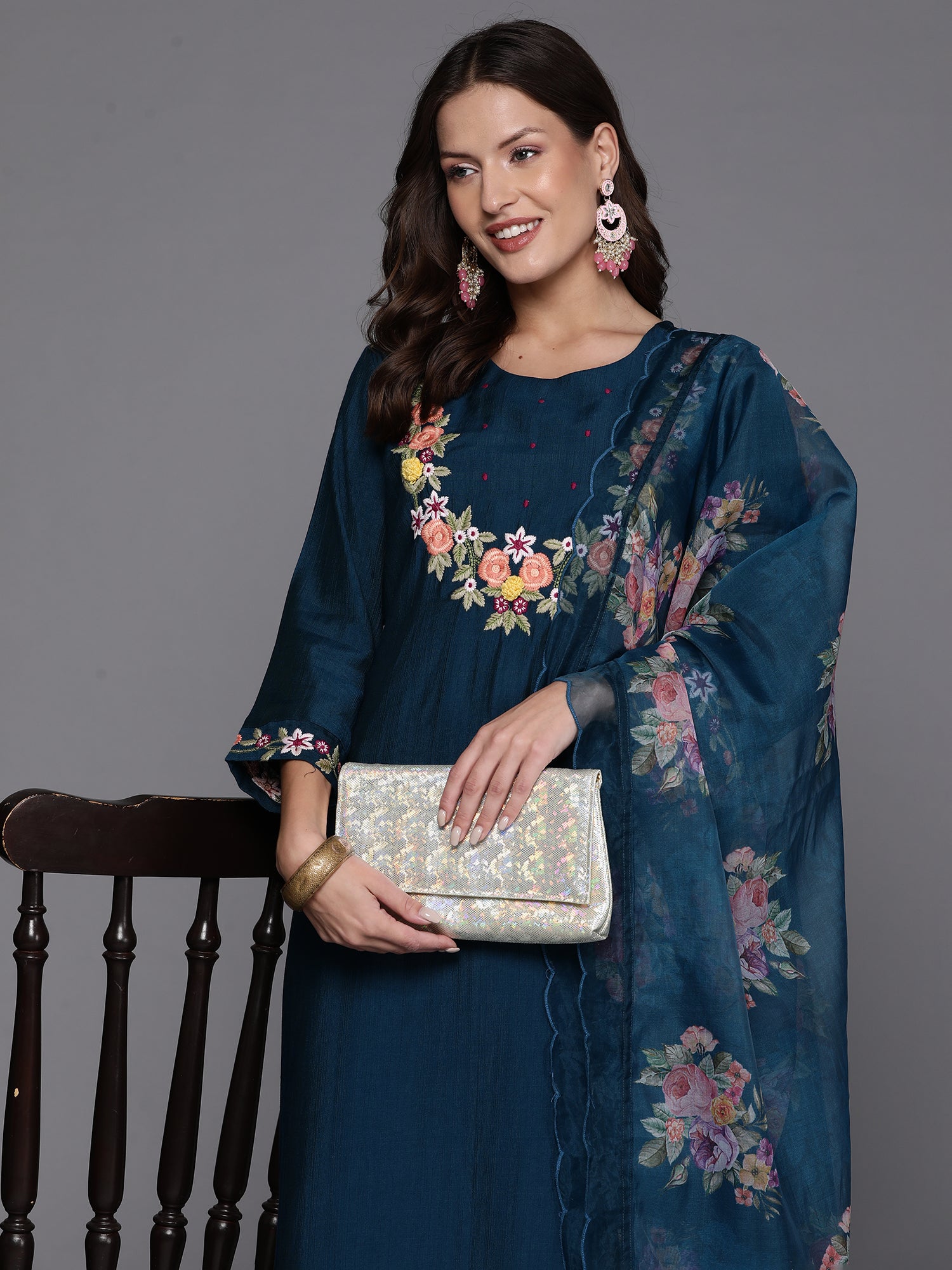 Teal Embroidered Straight Kurta Trousers With Dupatta Set