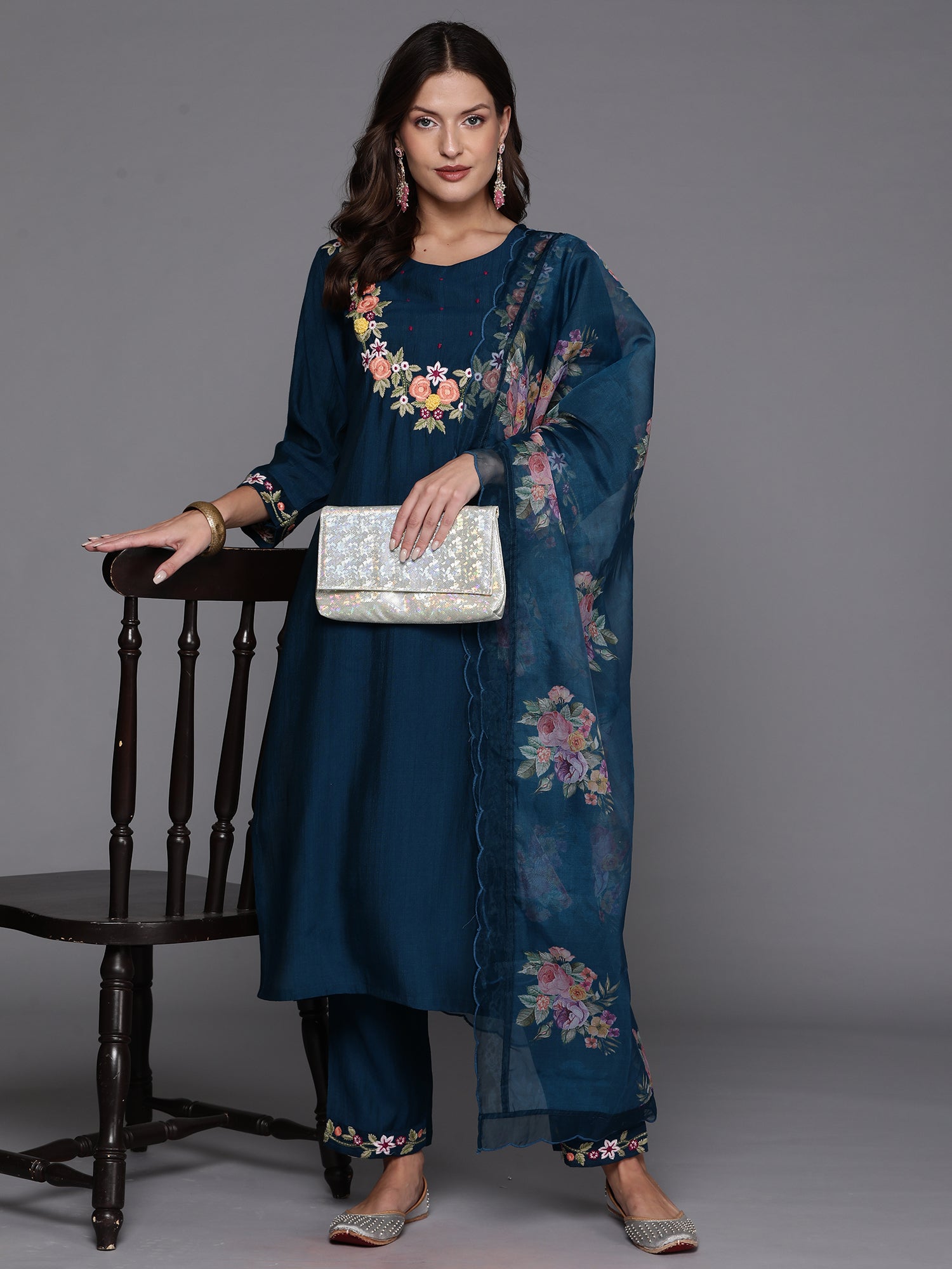 Teal Embroidered Straight Kurta Trousers With Dupatta Set