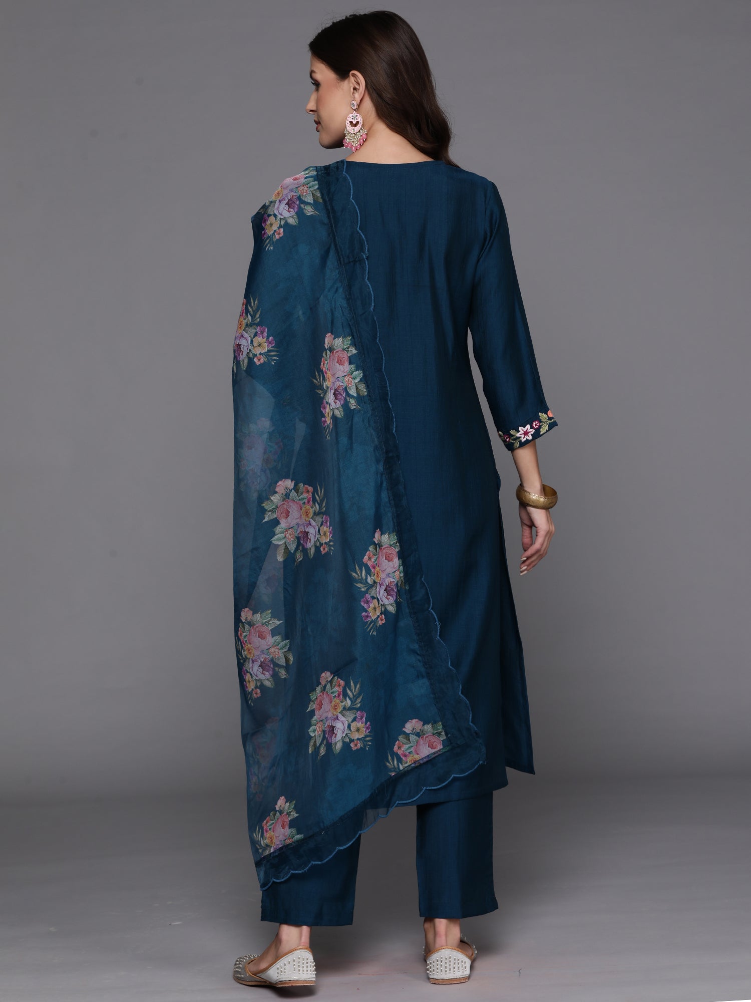 Teal Embroidered Straight Kurta Trousers With Dupatta Set