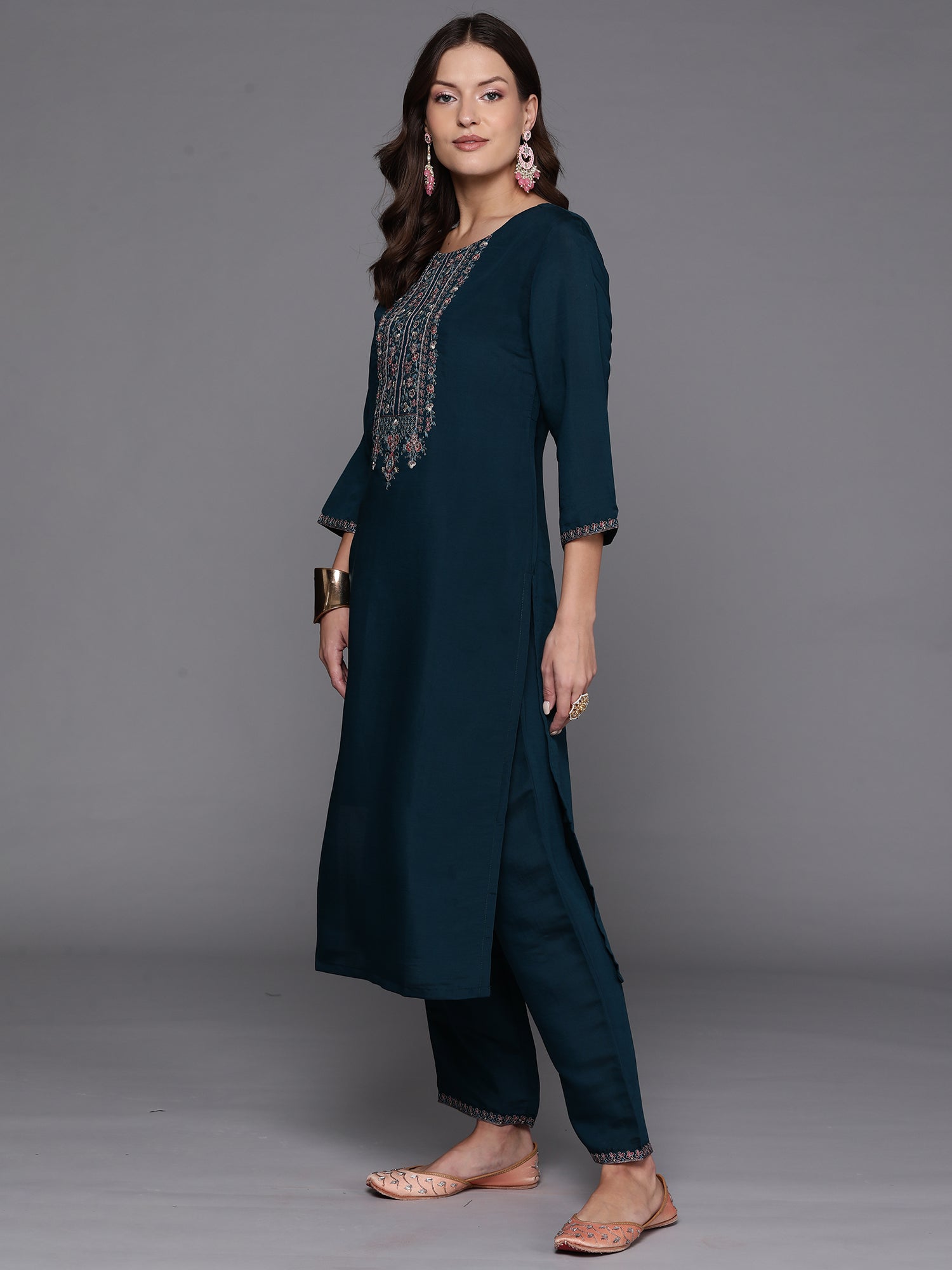 Teal Embroidered Straight Kurta Trousers With Dupatta Set