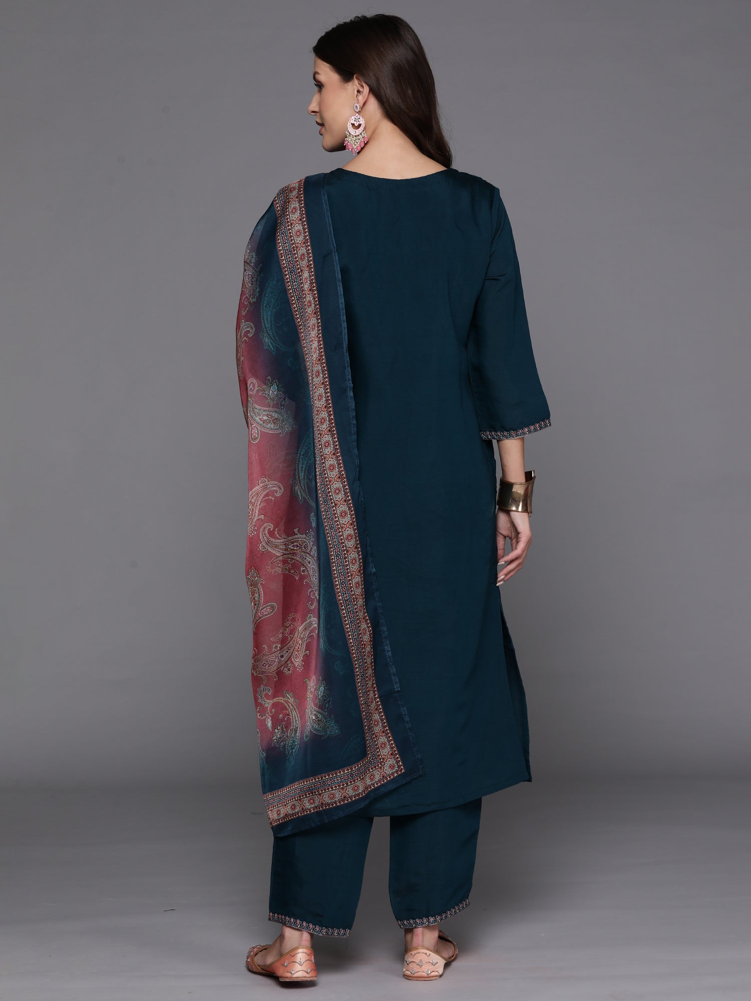 Teal Embroidered Straight Kurta Trousers With Dupatta Set