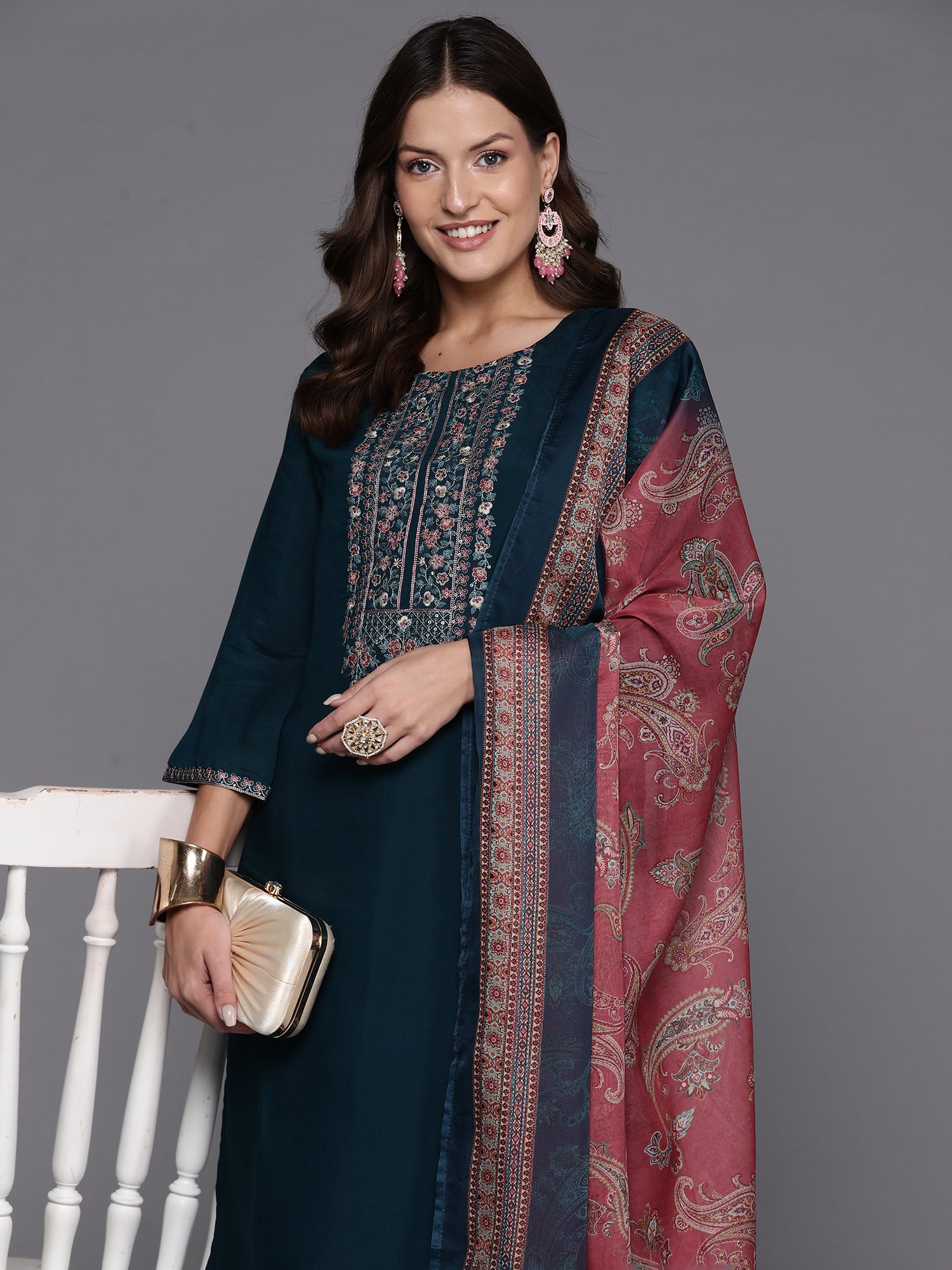 Teal Embroidered Straight Kurta Trousers With Dupatta Set