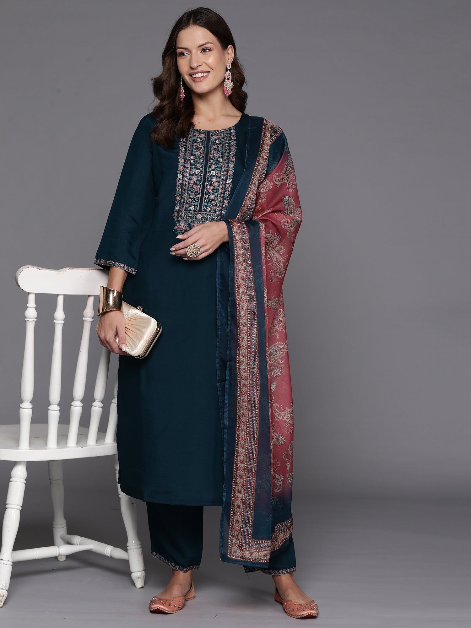 Teal Embroidered Straight Kurta Trousers With Dupatta Set