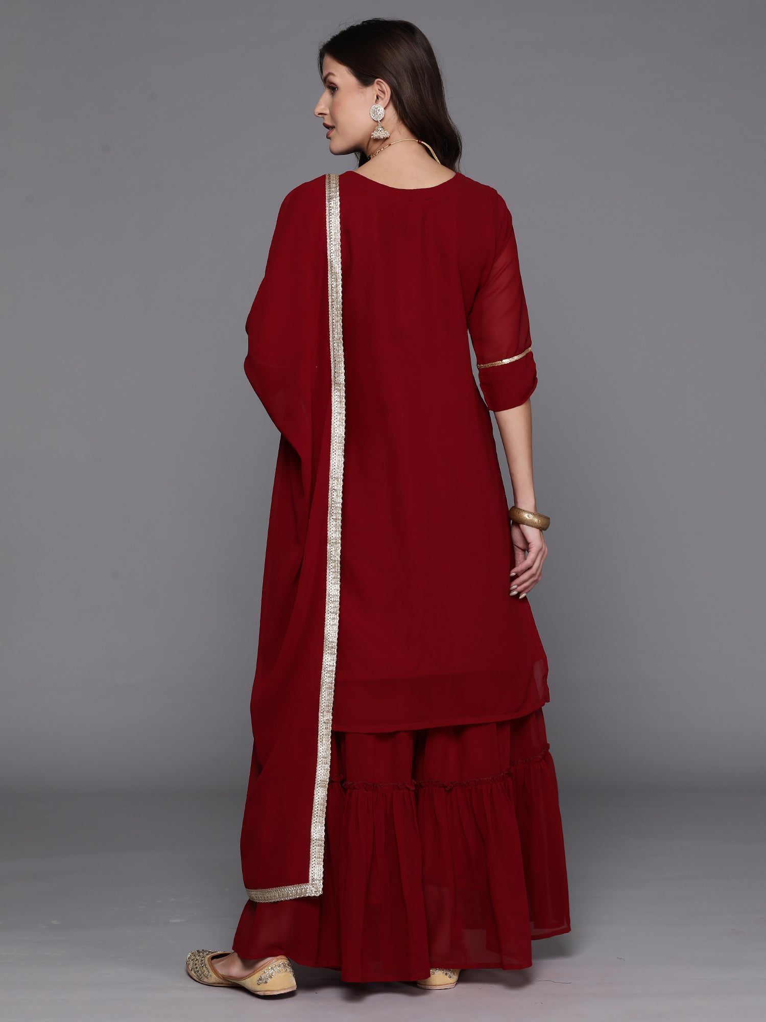 Maroon Embroidered Straight Kurta Sharara With Dupatta Set