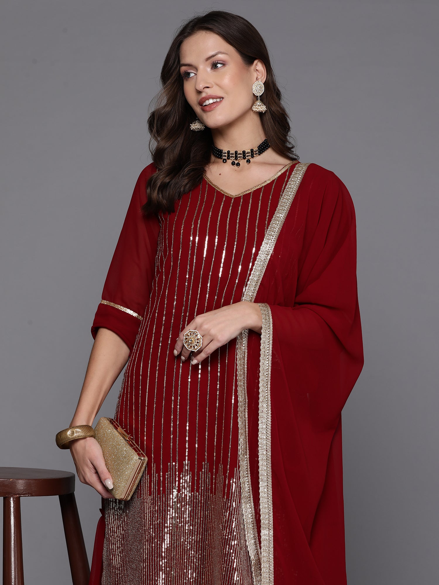 Maroon Embroidered Straight Kurta Sharara With Dupatta Set