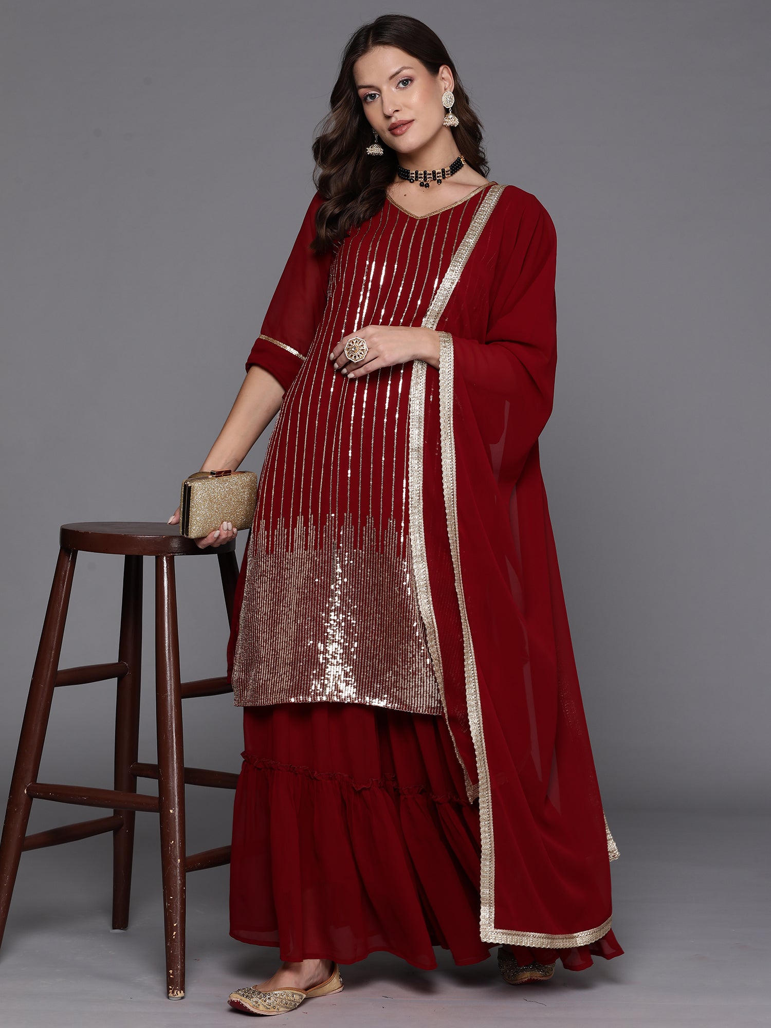 Maroon Embroidered Straight Kurta Sharara With Dupatta Set