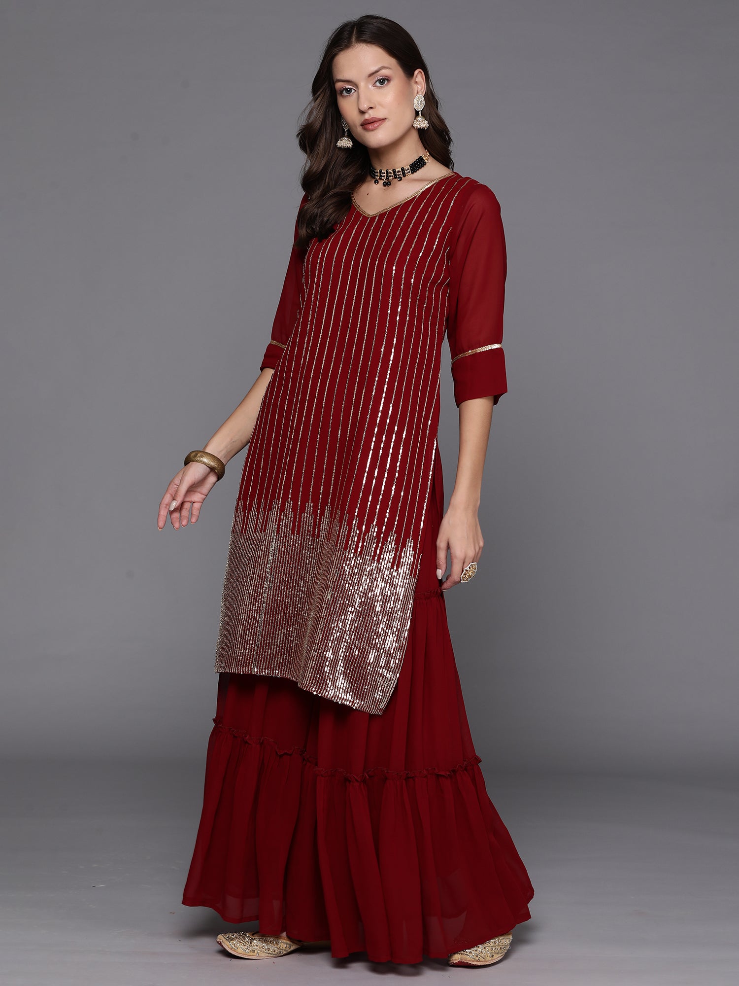 Maroon Embroidered Straight Kurta Sharara With Dupatta Set