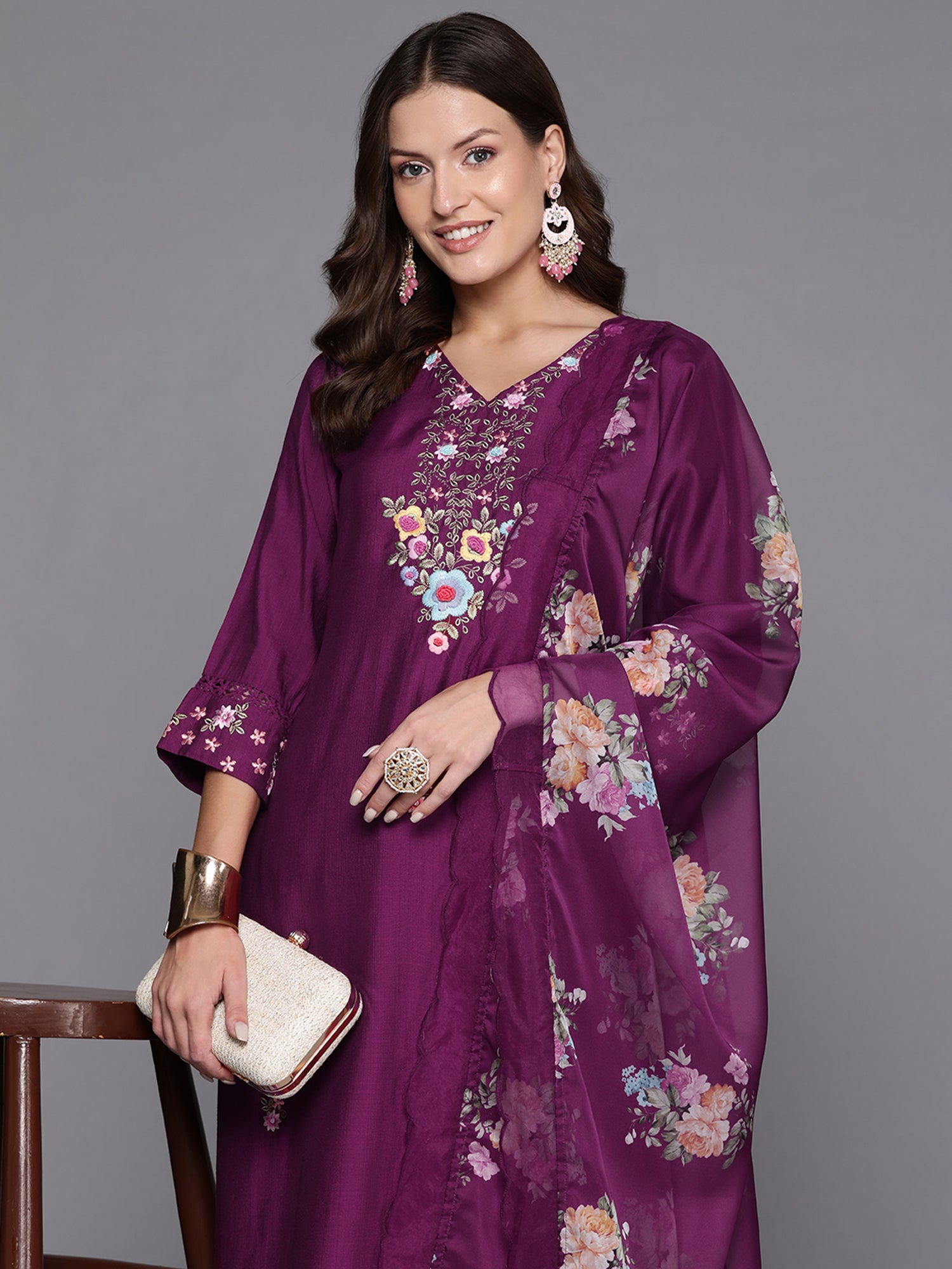 Burgundy Embroidered Straight Kurta Trousers With Dupatta Set