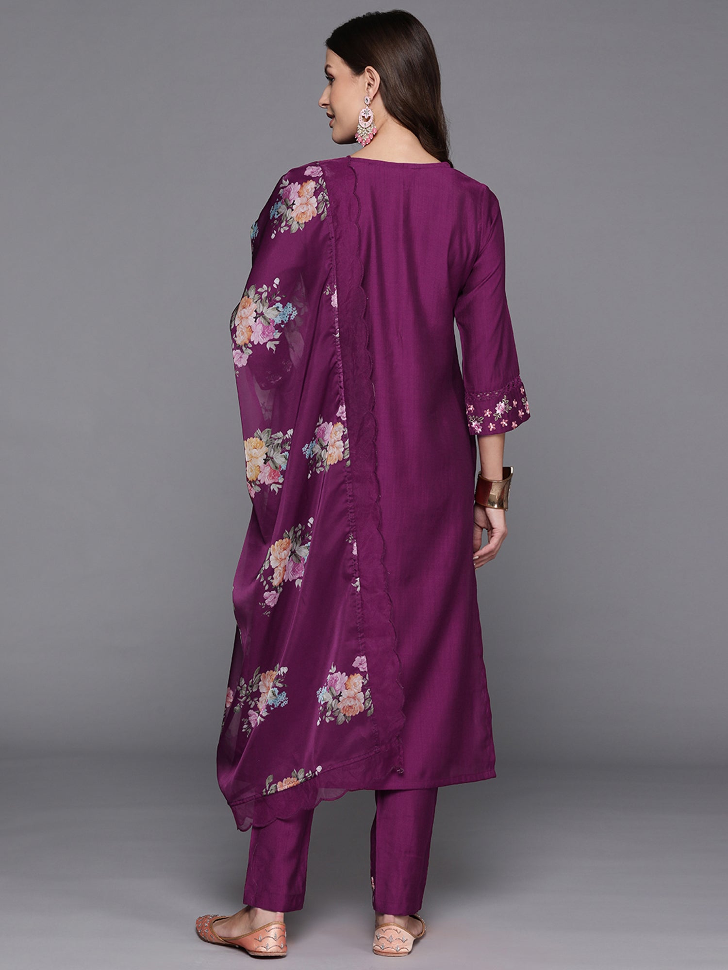 Burgundy Embroidered Straight Kurta Trousers With Dupatta Set