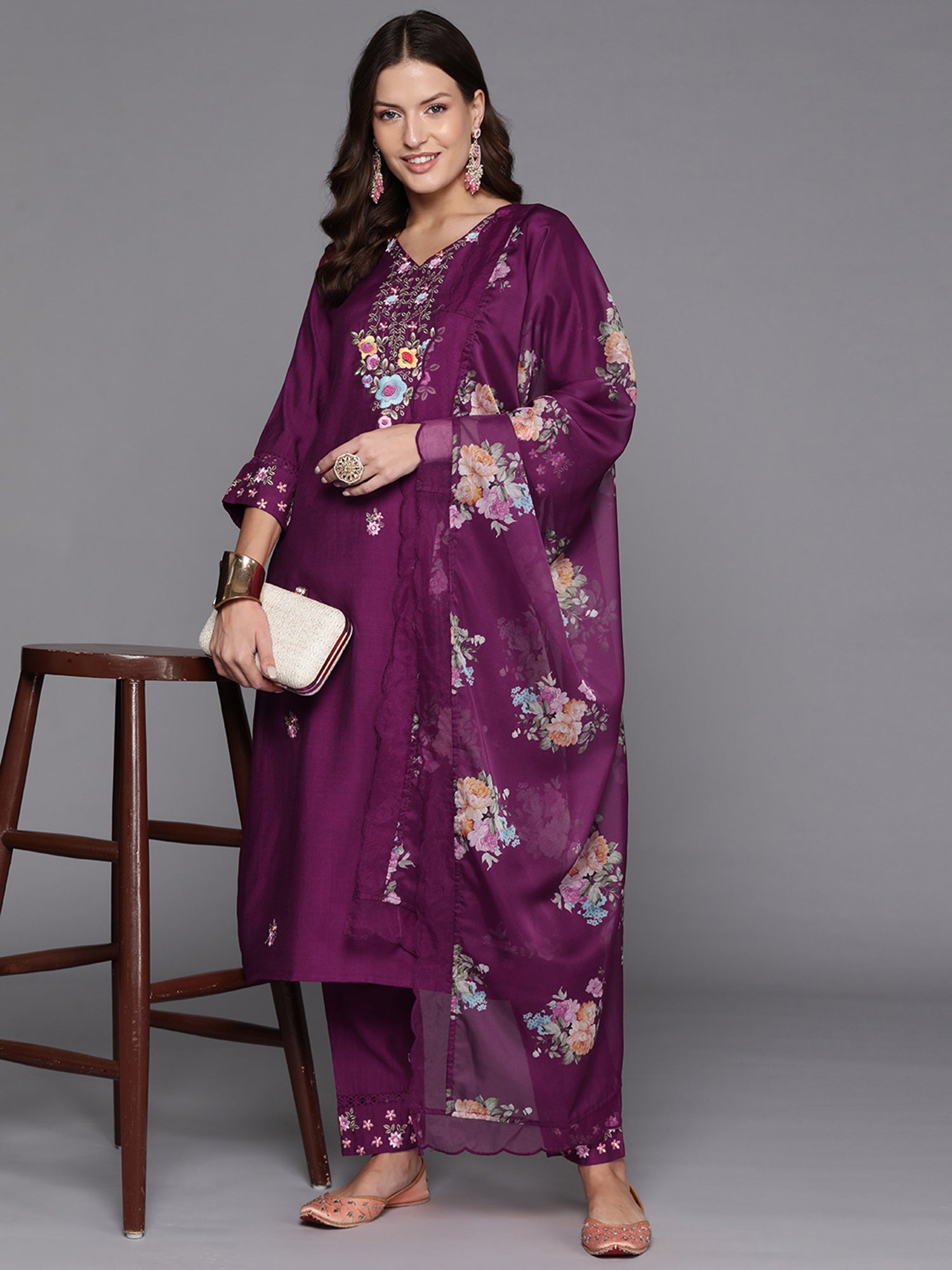 Burgundy Embroidered Straight Kurta Trousers With Dupatta Set