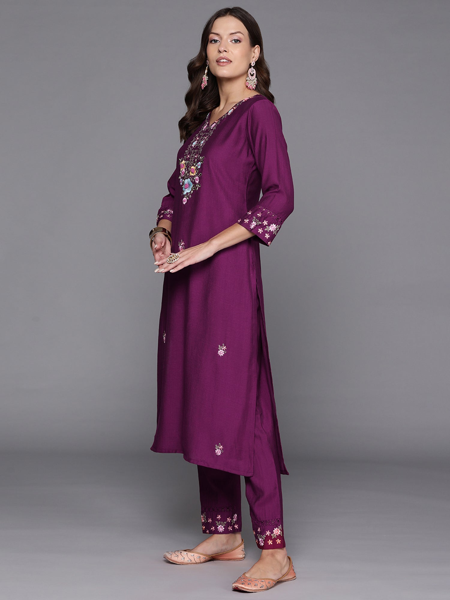 Burgundy Embroidered Straight Kurta Trousers With Dupatta Set