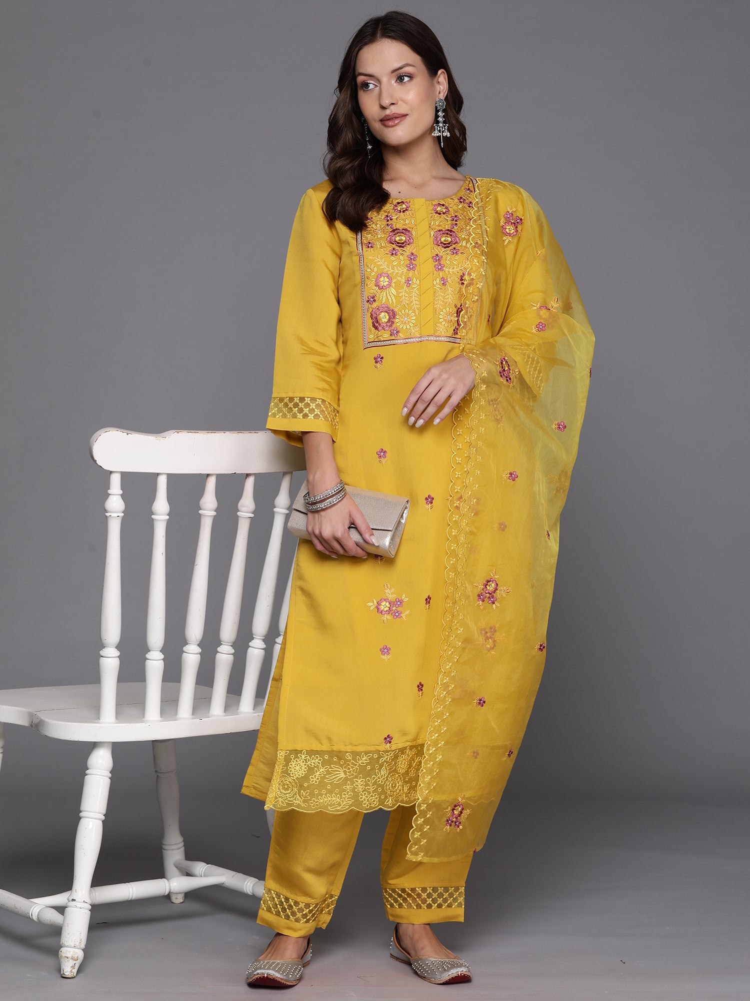 Yellow Embroidered Straight Kurta Trousers With Dupatta Set