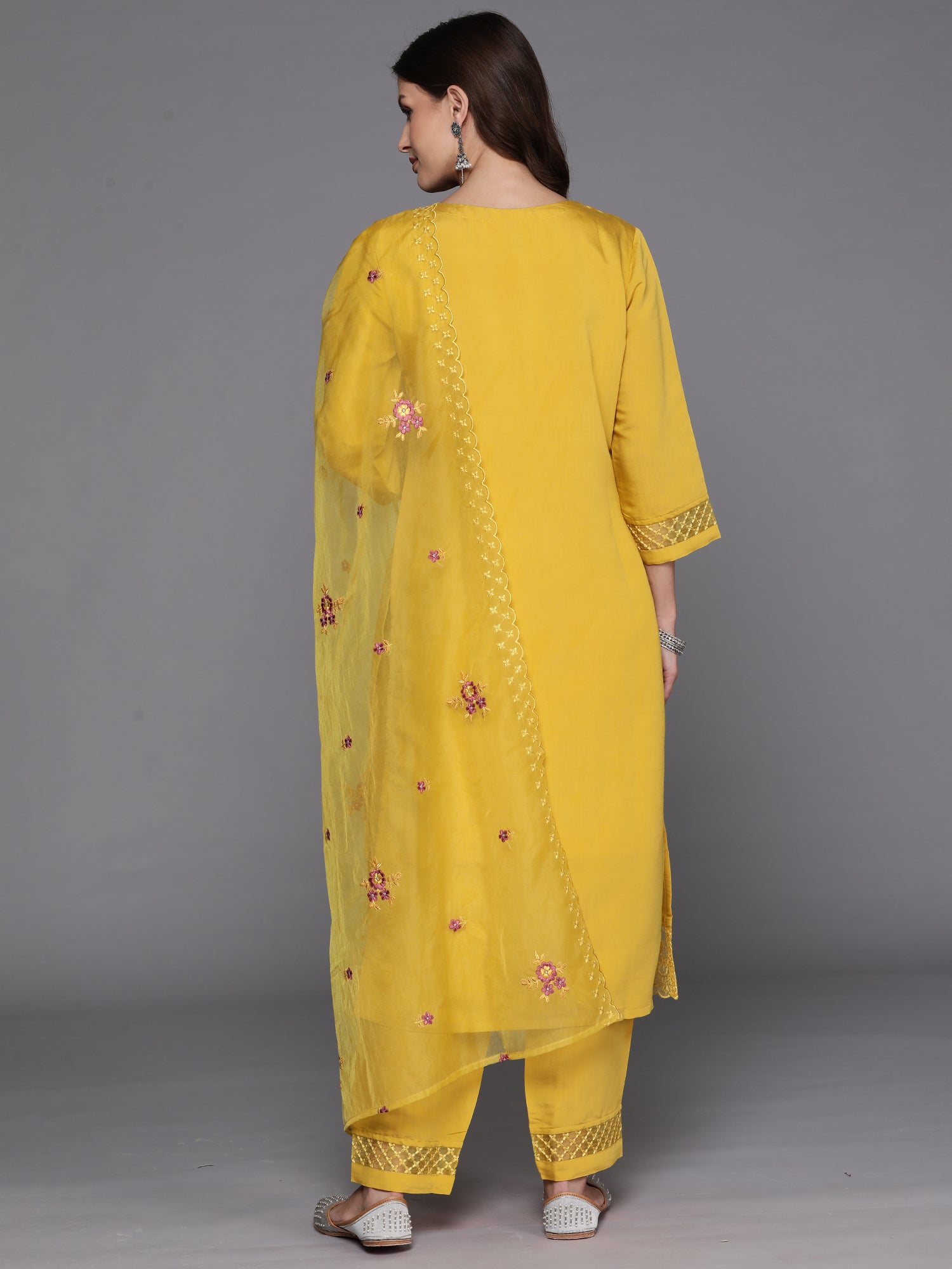 Yellow Embroidered Straight Kurta Trousers With Dupatta Set