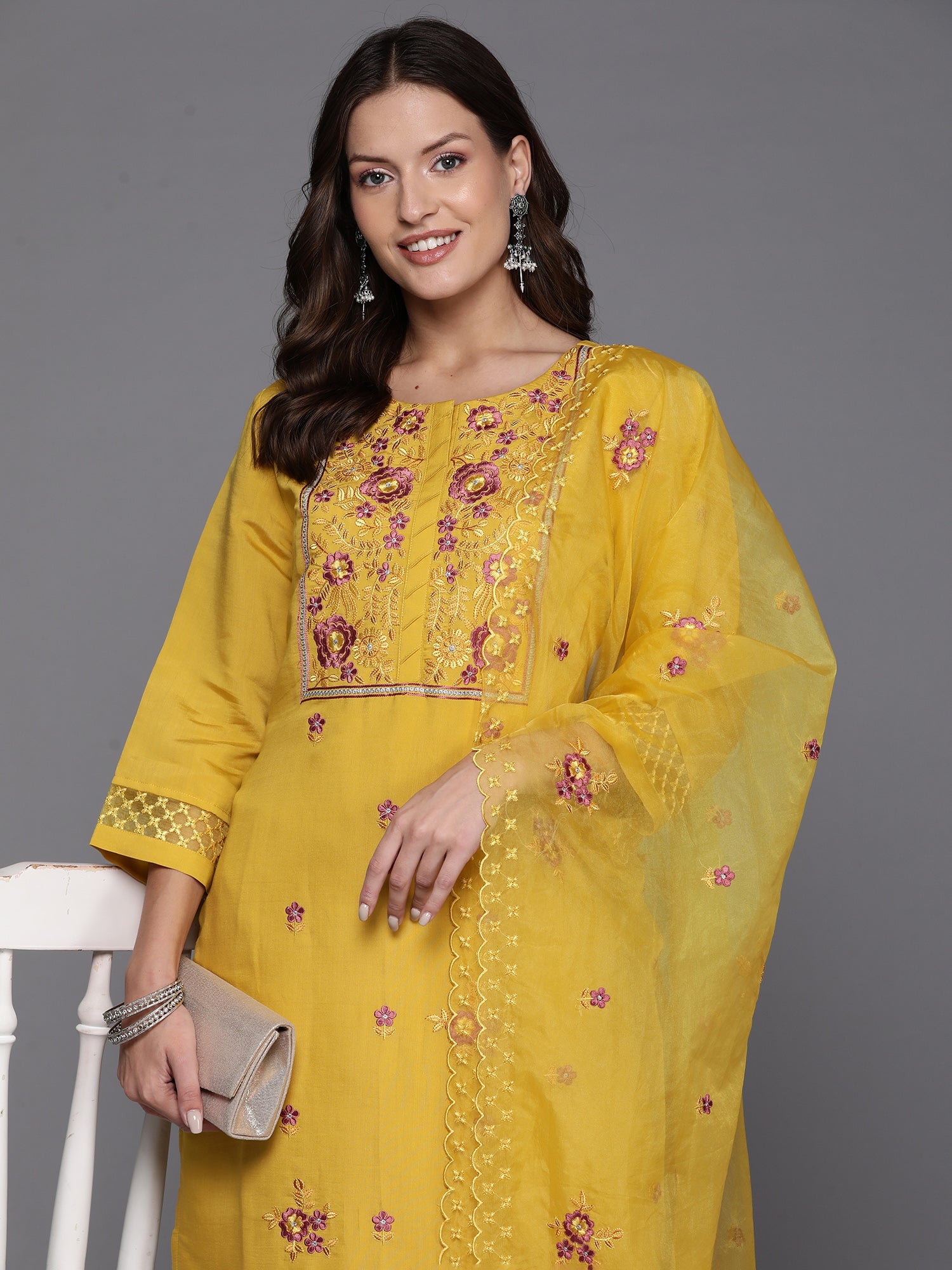 Yellow Embroidered Straight Kurta Trousers With Dupatta Set