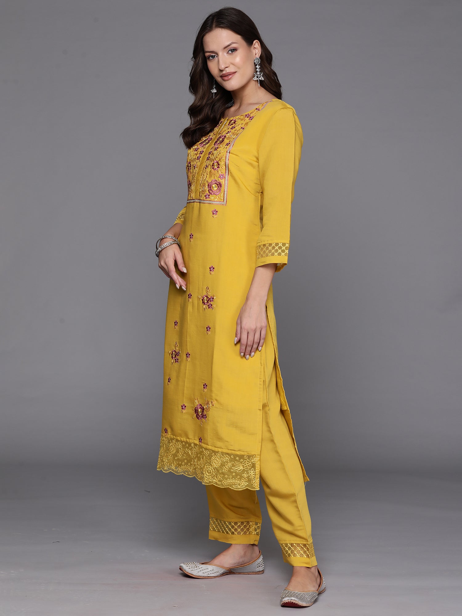 Yellow Embroidered Straight Kurta Trousers With Dupatta Set