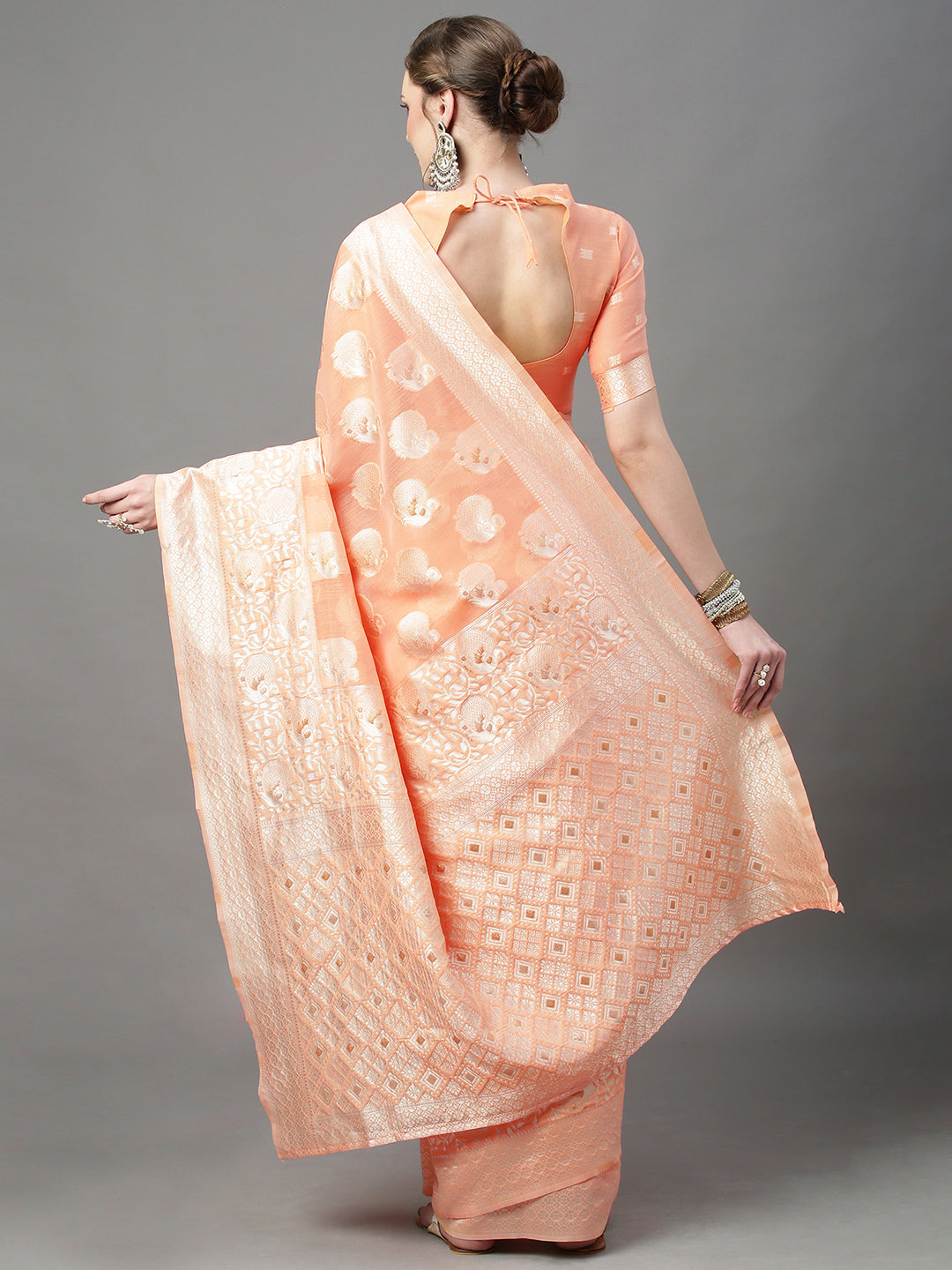 Cotton Silk Peach Woven Design Woven saree With Blouse