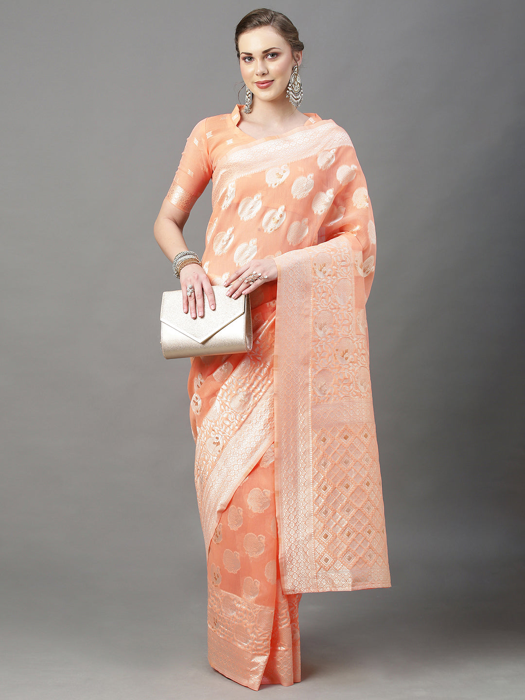 Cotton Silk Peach Woven Design Woven saree With Blouse