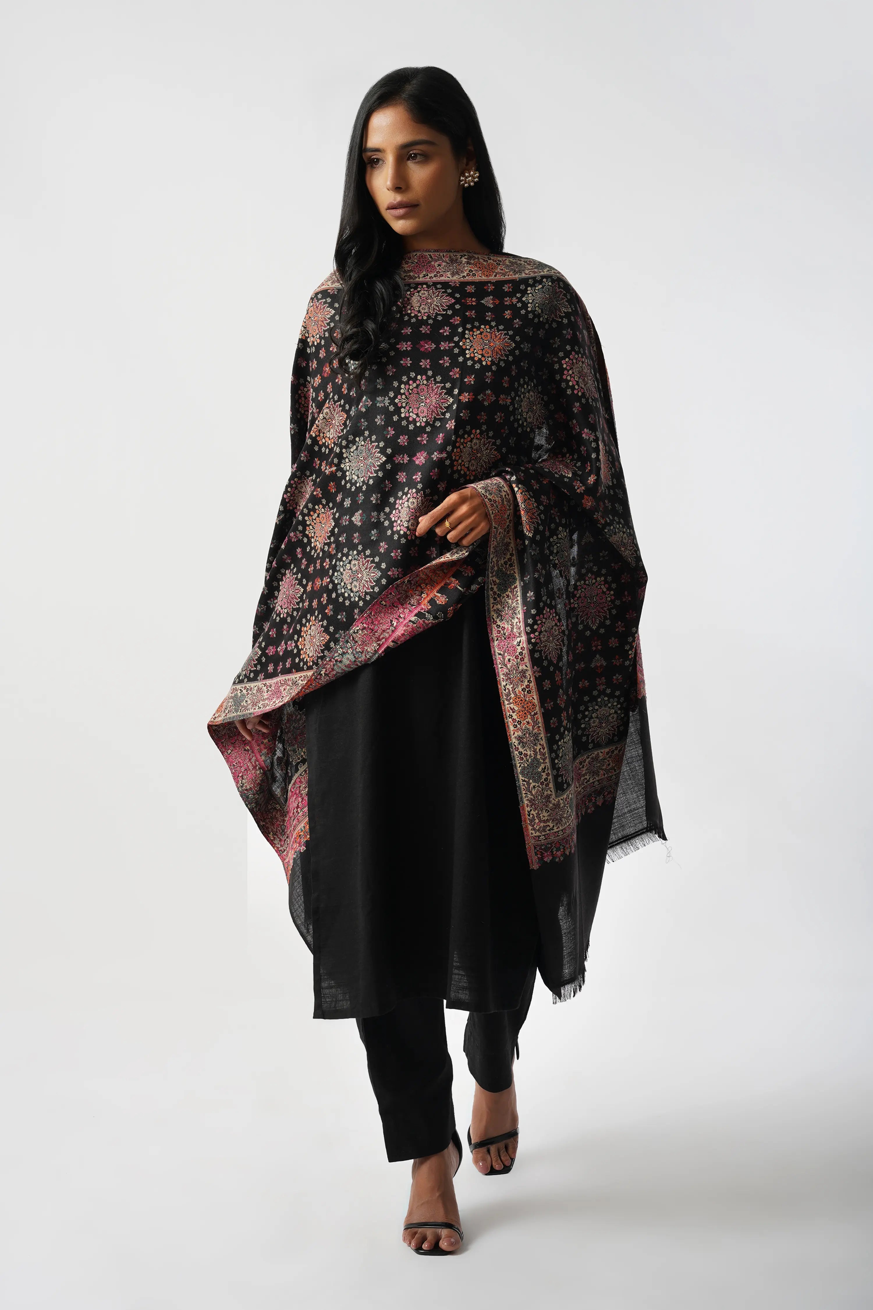 Rajasthani Boota Fine Wool Rich Kani Black Pink Stole