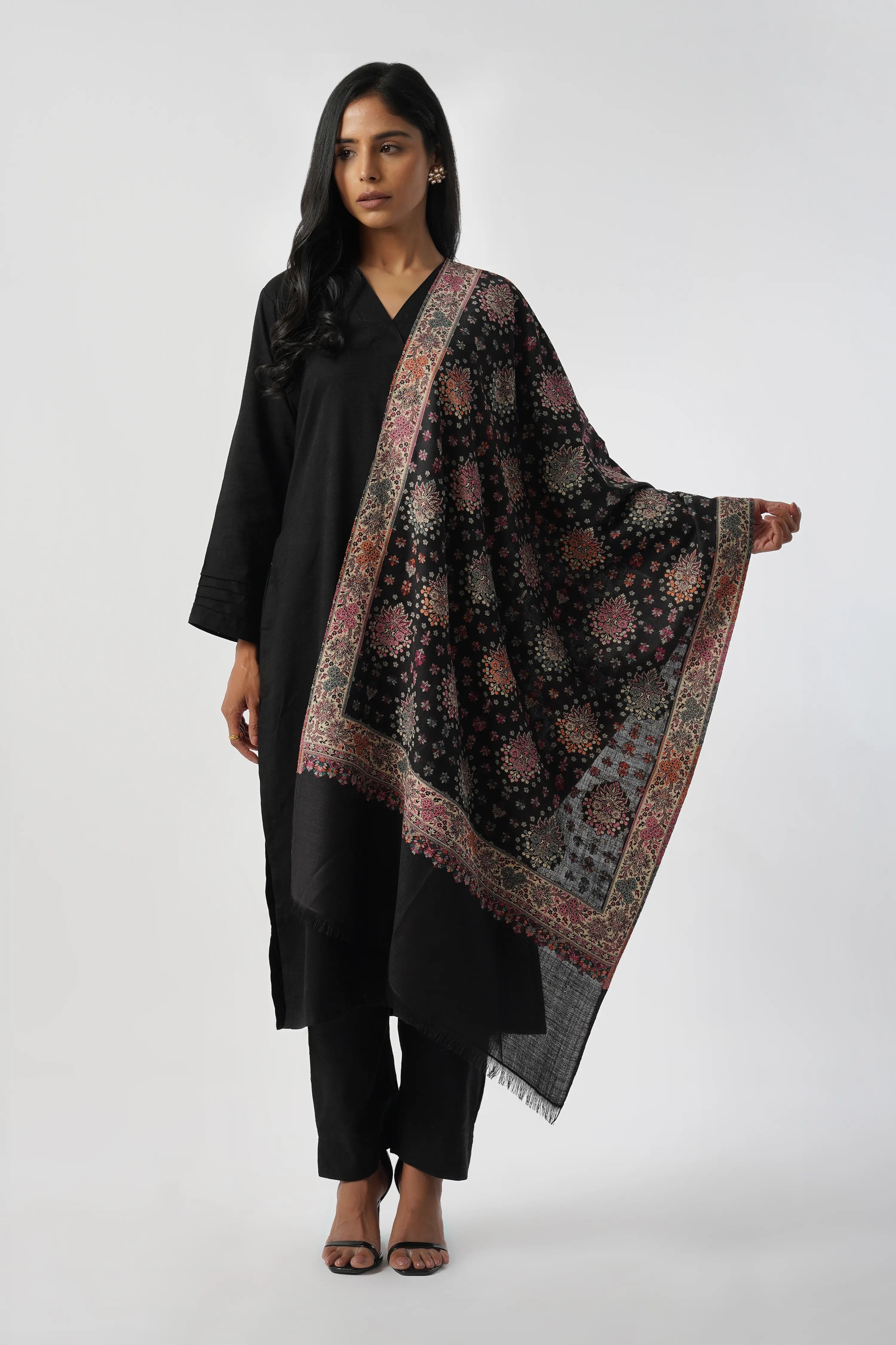 Rajasthani Boota Fine Wool Rich Kani Black Pink Stole