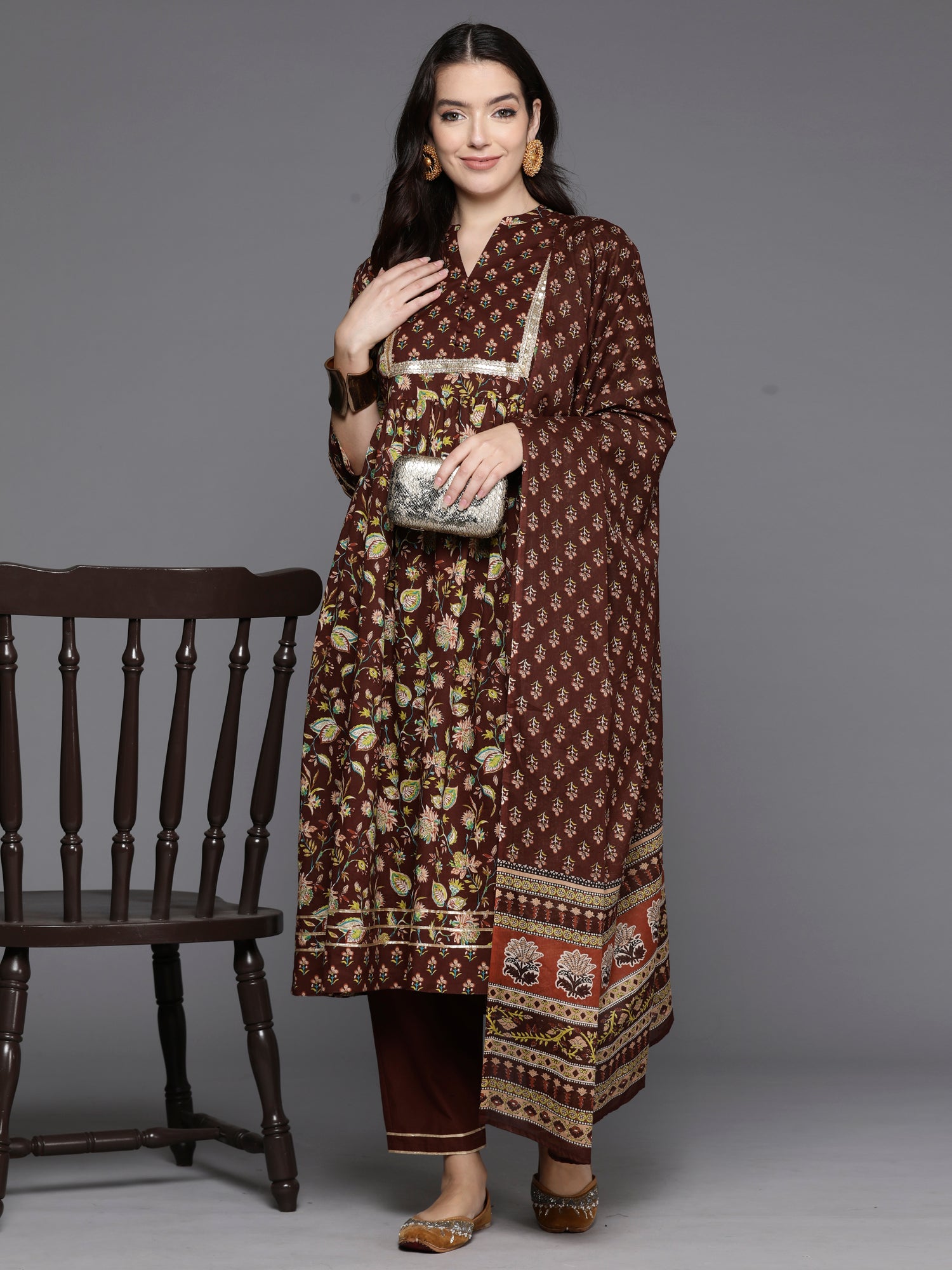 Brown Printed A-Line Kurta Trousers With Dupatta Set