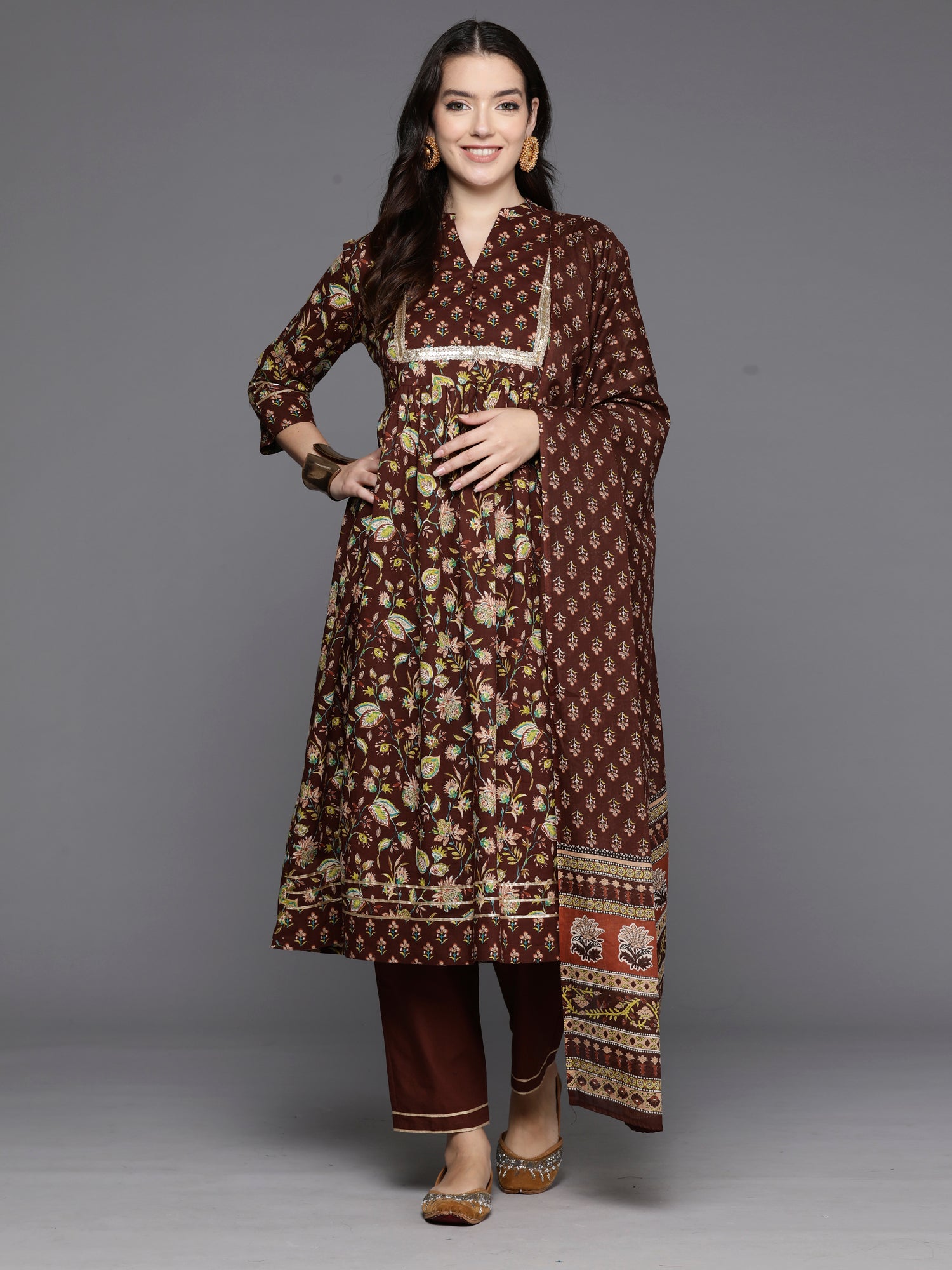 Brown Printed A-Line Kurta Trousers With Dupatta Set