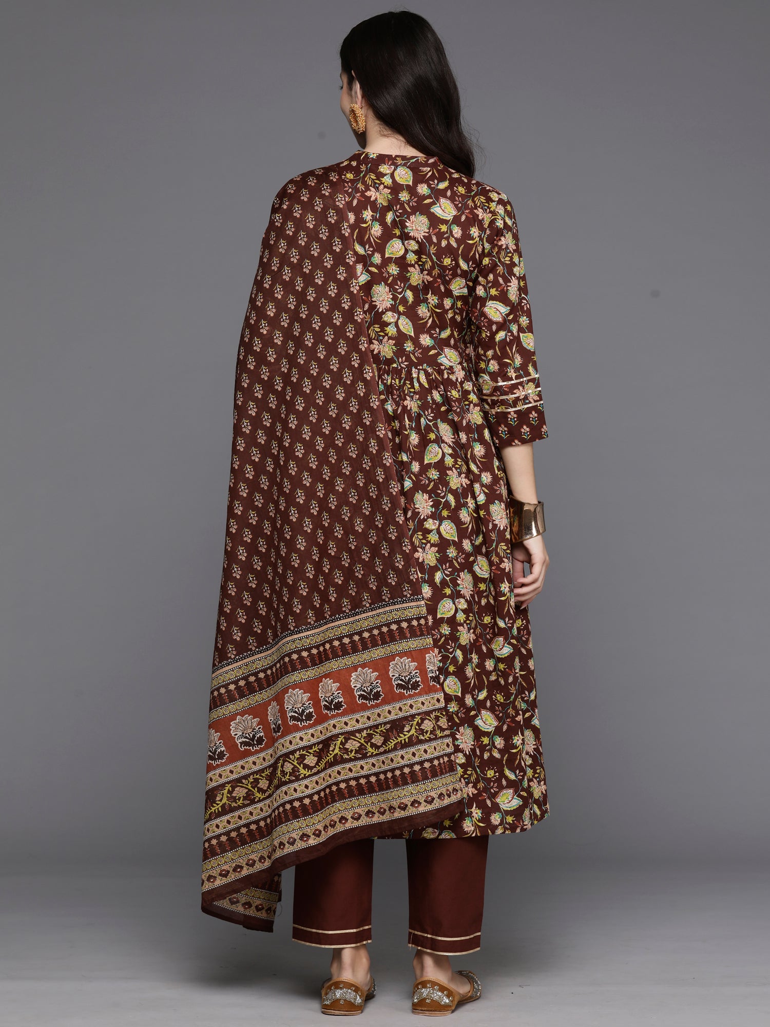 Brown Printed A-Line Kurta Trousers With Dupatta Set