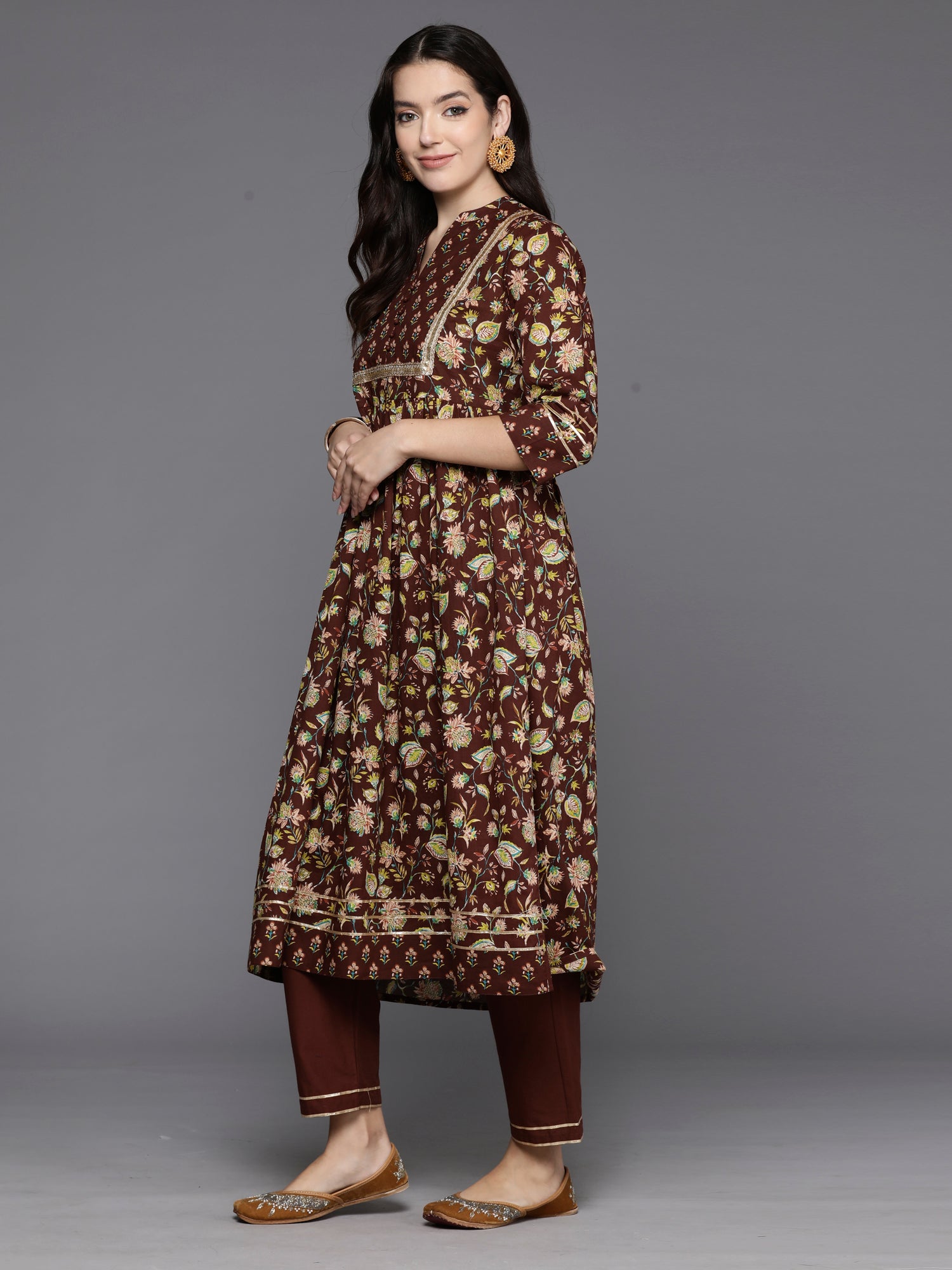 Brown Printed A-Line Kurta Trousers With Dupatta Set