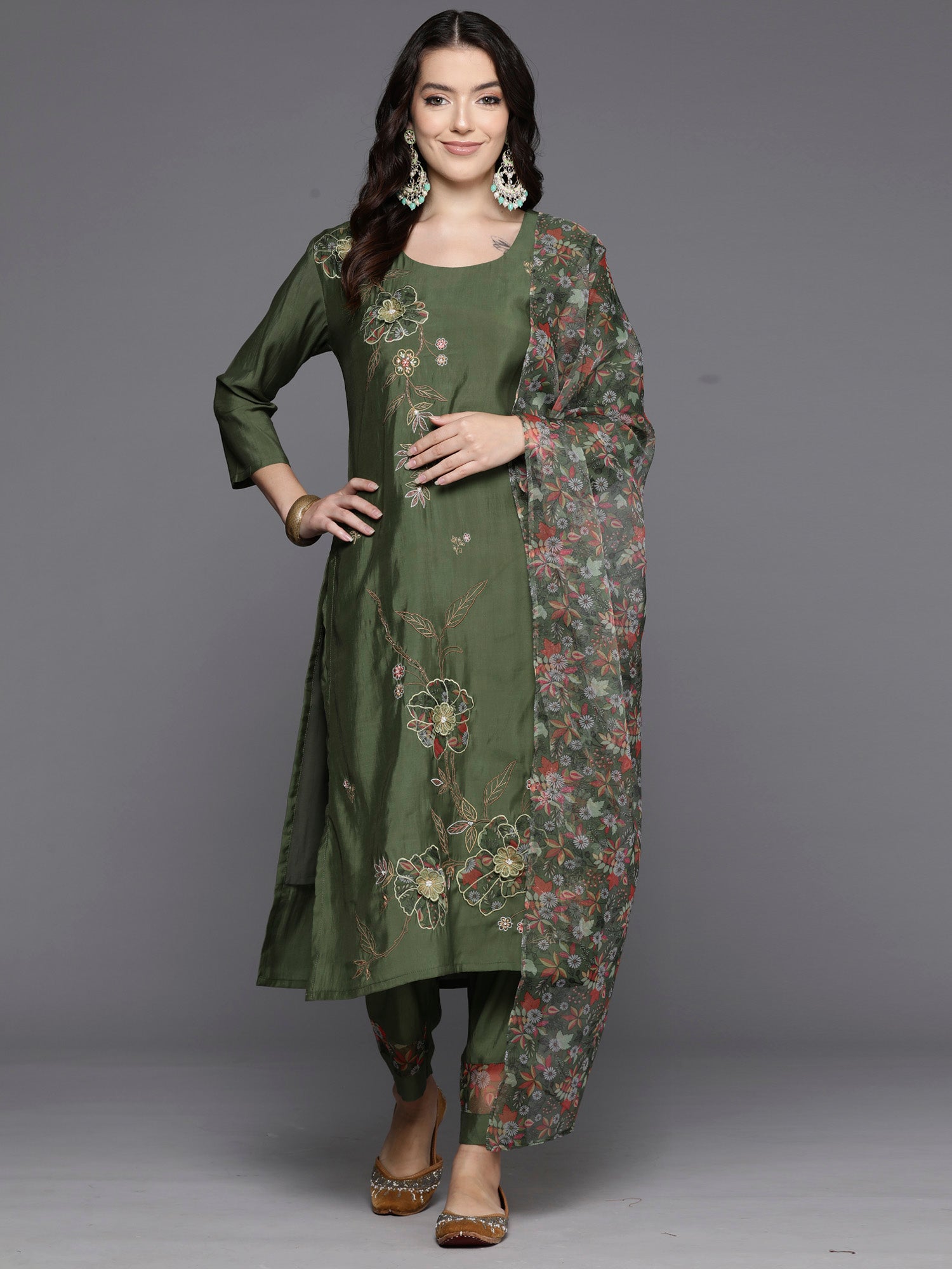 Green Embroidered Straight Kurta Trousers With Dupatta Set