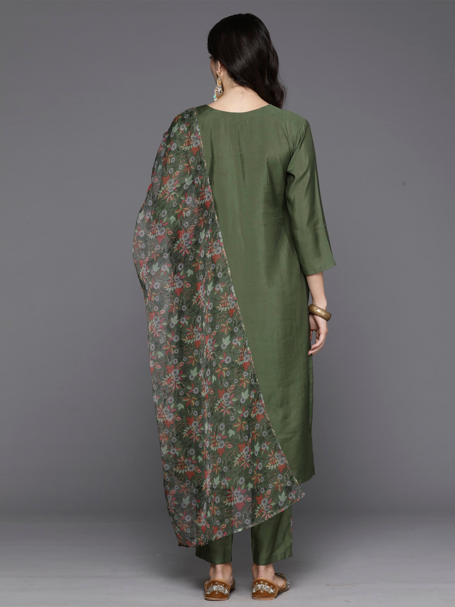 Green Embroidered Straight Kurta Trousers With Dupatta Set