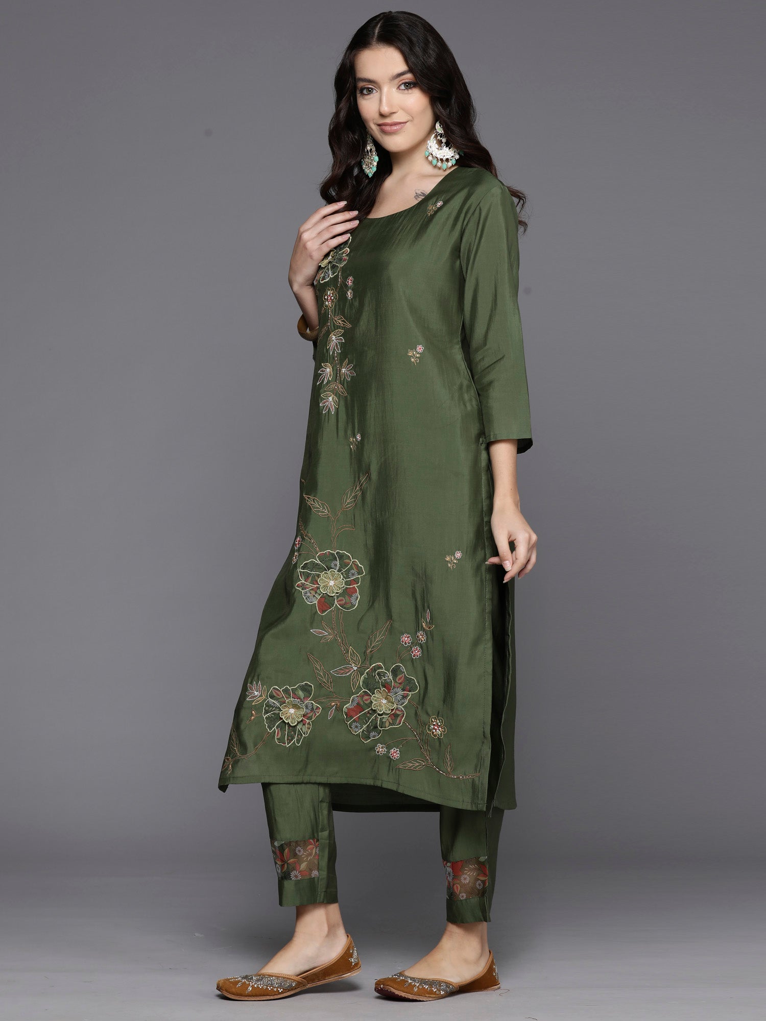 Green Embroidered Straight Kurta Trousers With Dupatta Set