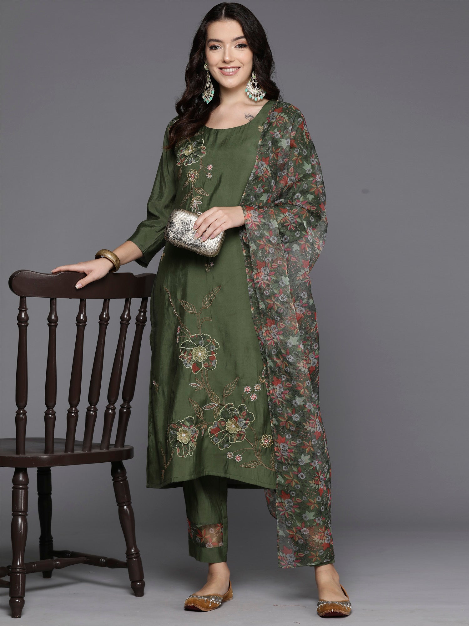 Green Embroidered Straight Kurta Trousers With Dupatta Set