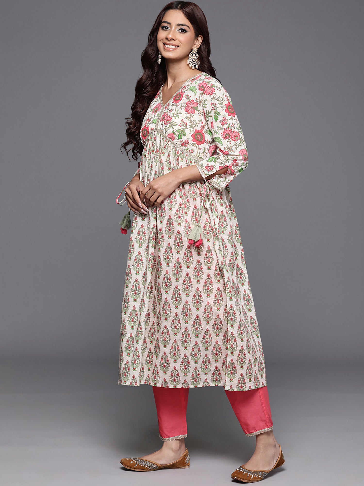 Off White Printed A-Line Kurta Trousers With Dupatta Set