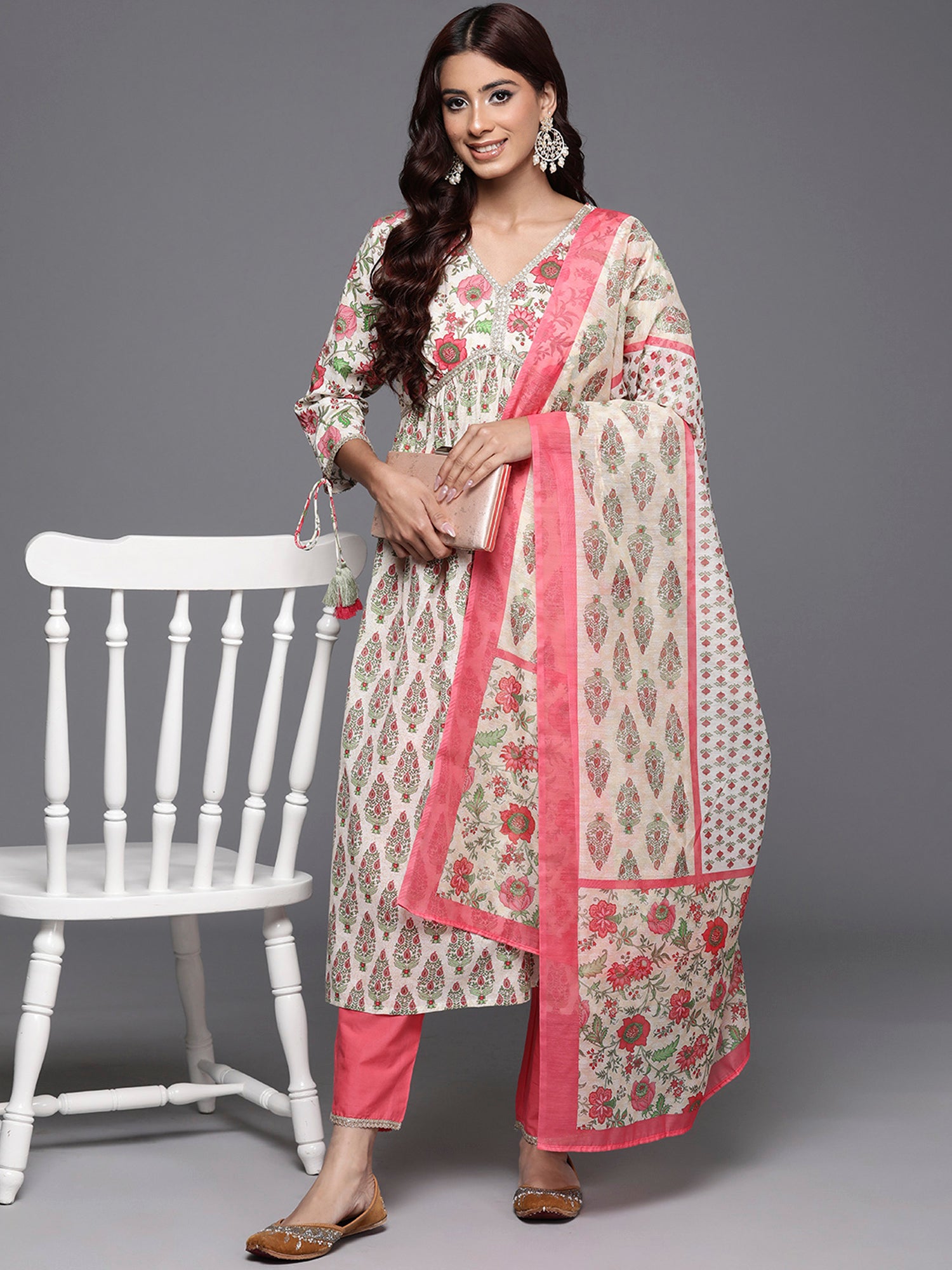 Off White Printed A-Line Kurta Trousers With Dupatta Set