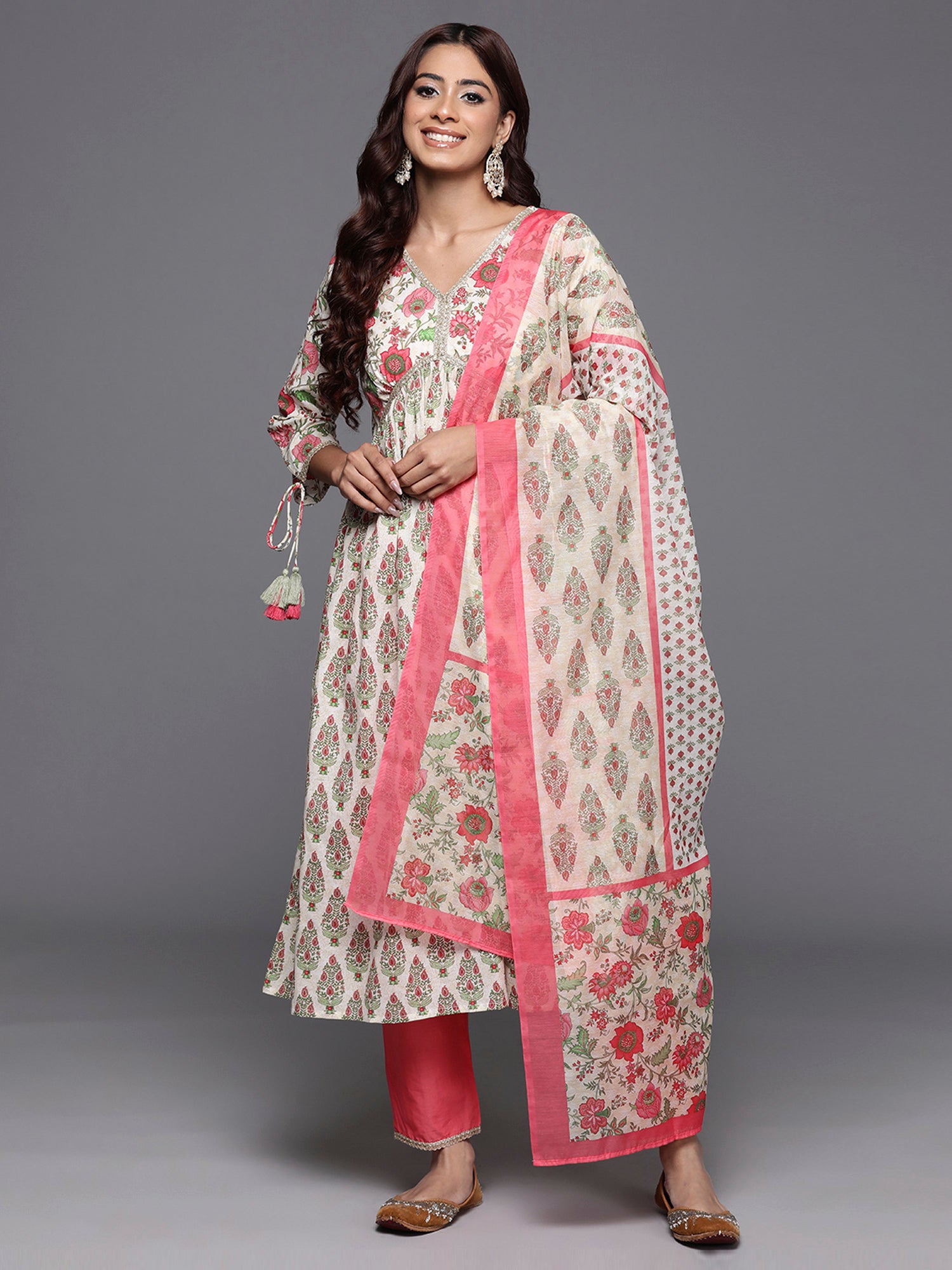 Off White Printed A-Line Kurta Trousers With Dupatta Set