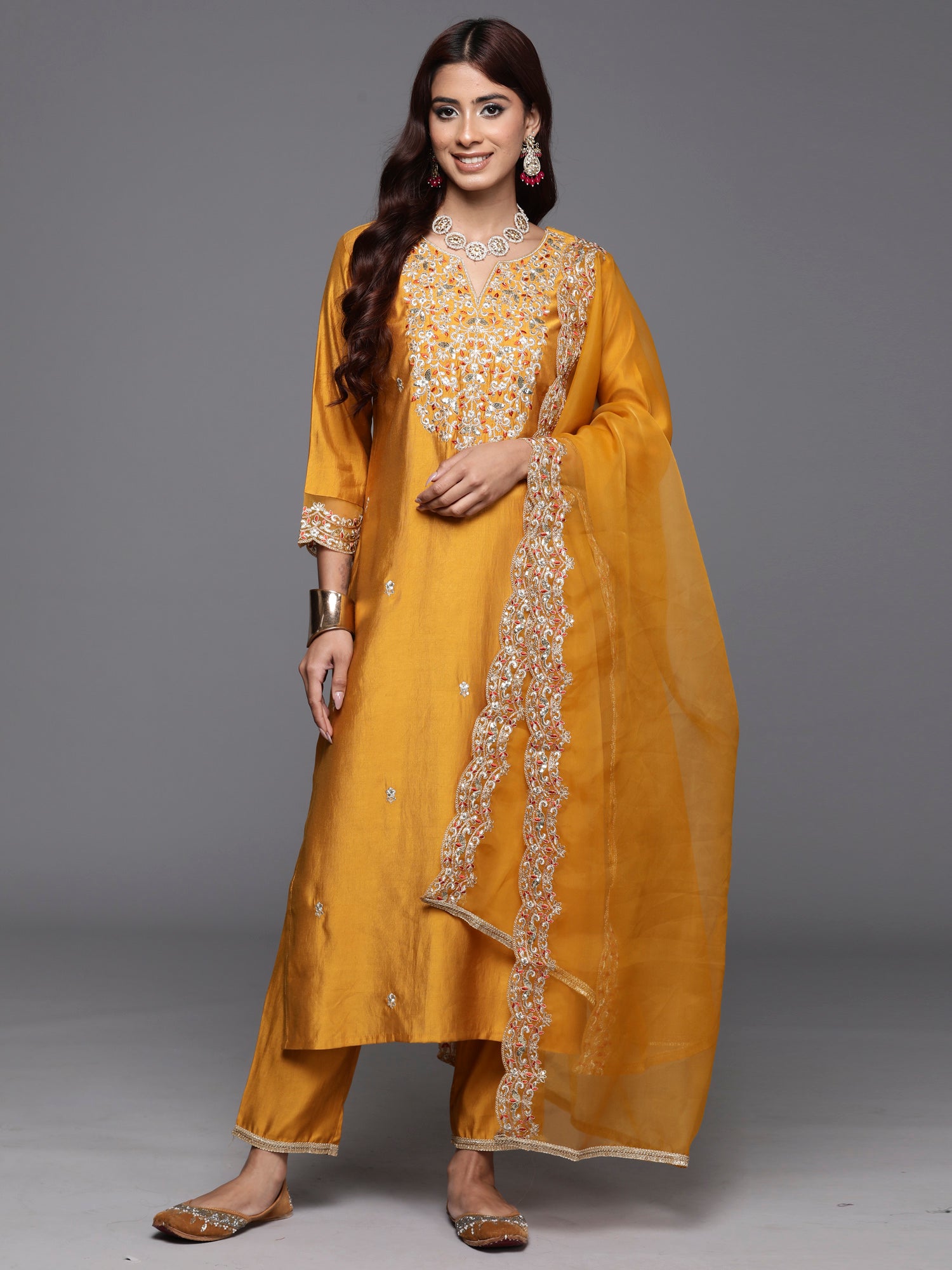 Mustard Embroidered Straight Kurta Trousers With Dupatta Set