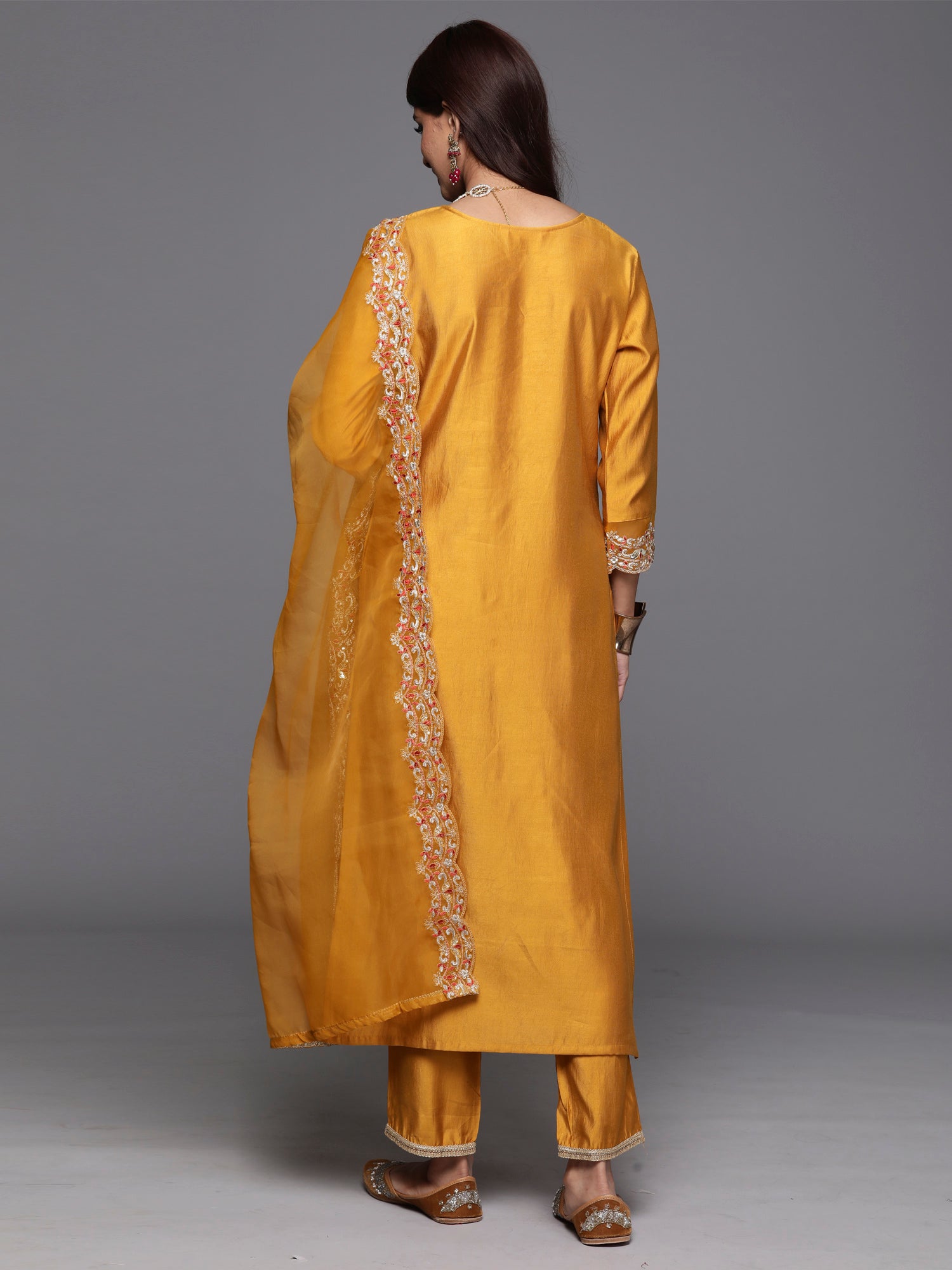 Mustard Embroidered Straight Kurta Trousers With Dupatta Set