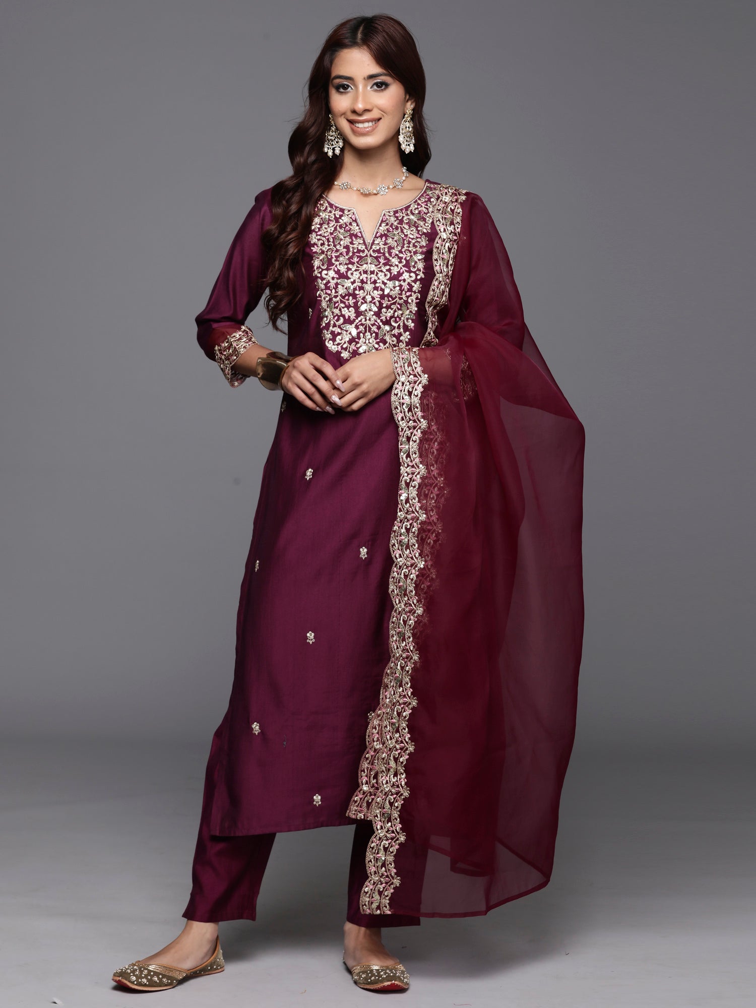 Purple Embroidered Straight Kurta Trousers With Dupatta set