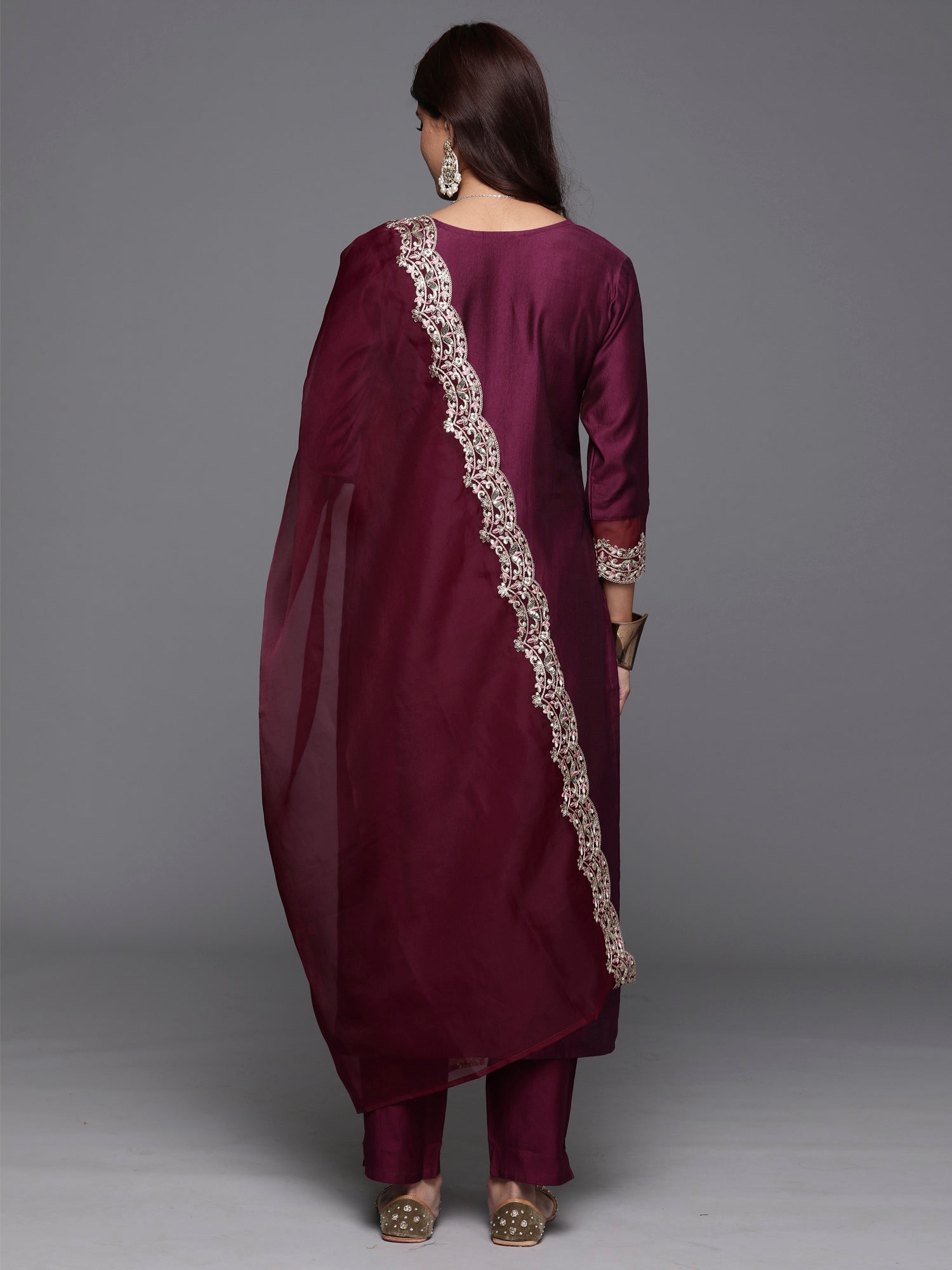 Purple Embroidered Straight Kurta Trousers With Dupatta set