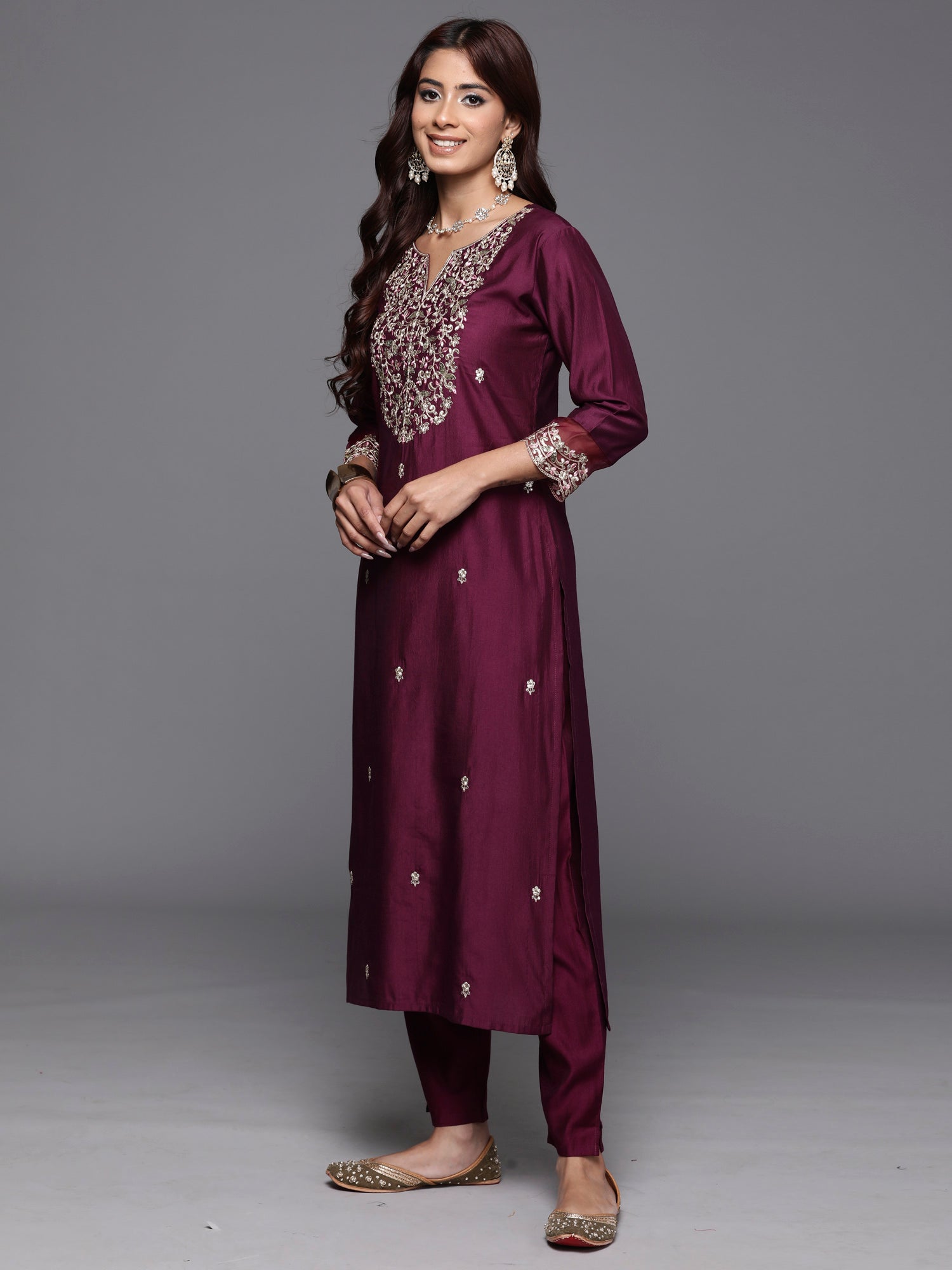 Purple Embroidered Straight Kurta Trousers With Dupatta set