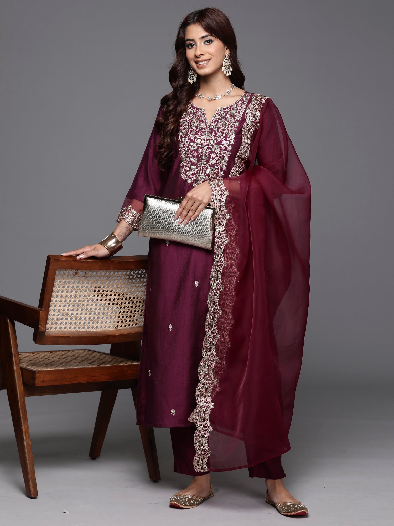 Purple Embroidered Straight Kurta Trousers With Dupatta set