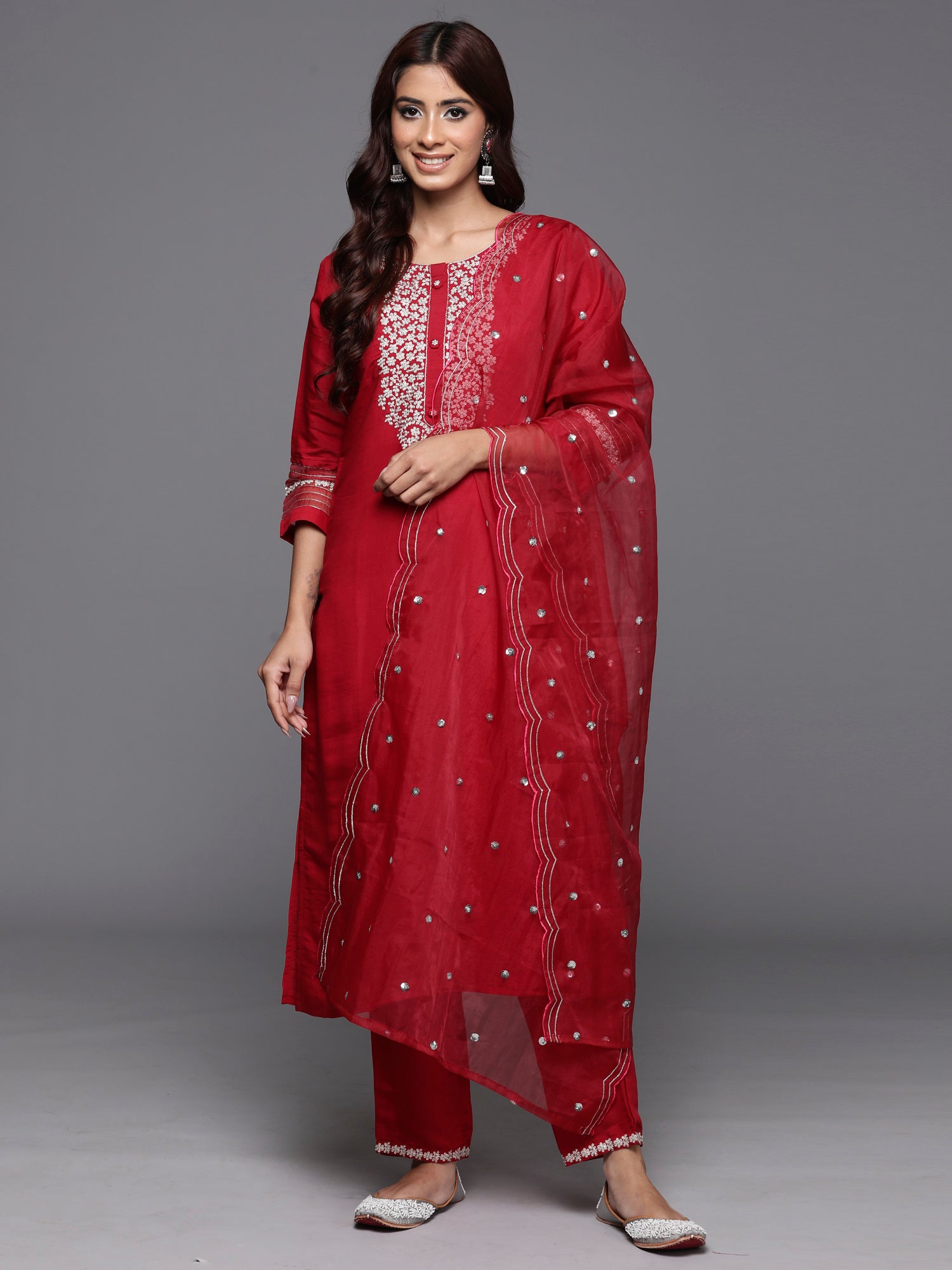 Red Embroidered Straight Kurta Trousers With Dupatta Set
